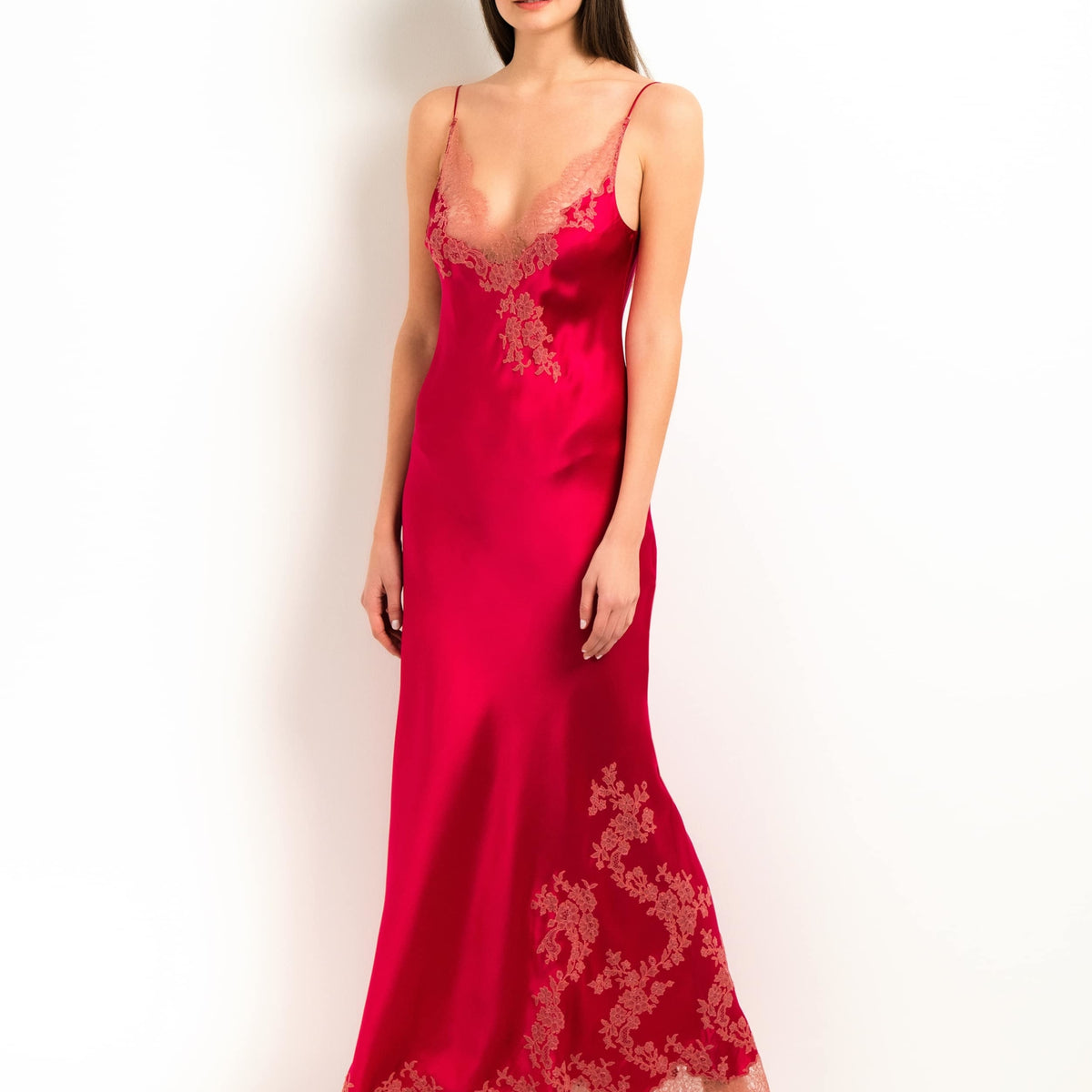 pink slip dress long Long silk slip dress - Love red and dusty pink Ceres lace