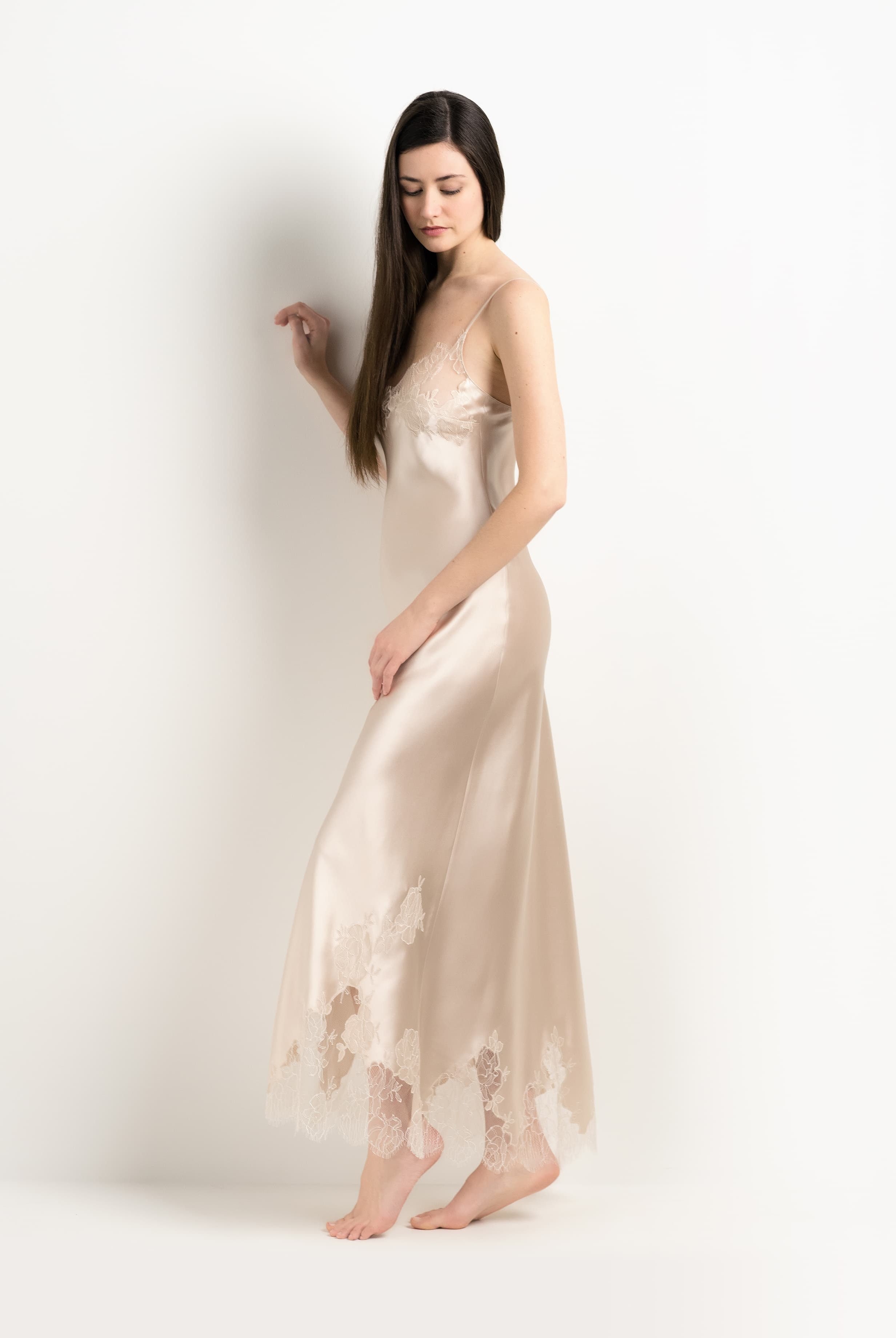 Be seduced by Carine Gilson most beautiful silk lingerie collection with this Long Gown V Neckline in sand beige Silk with ivory lace