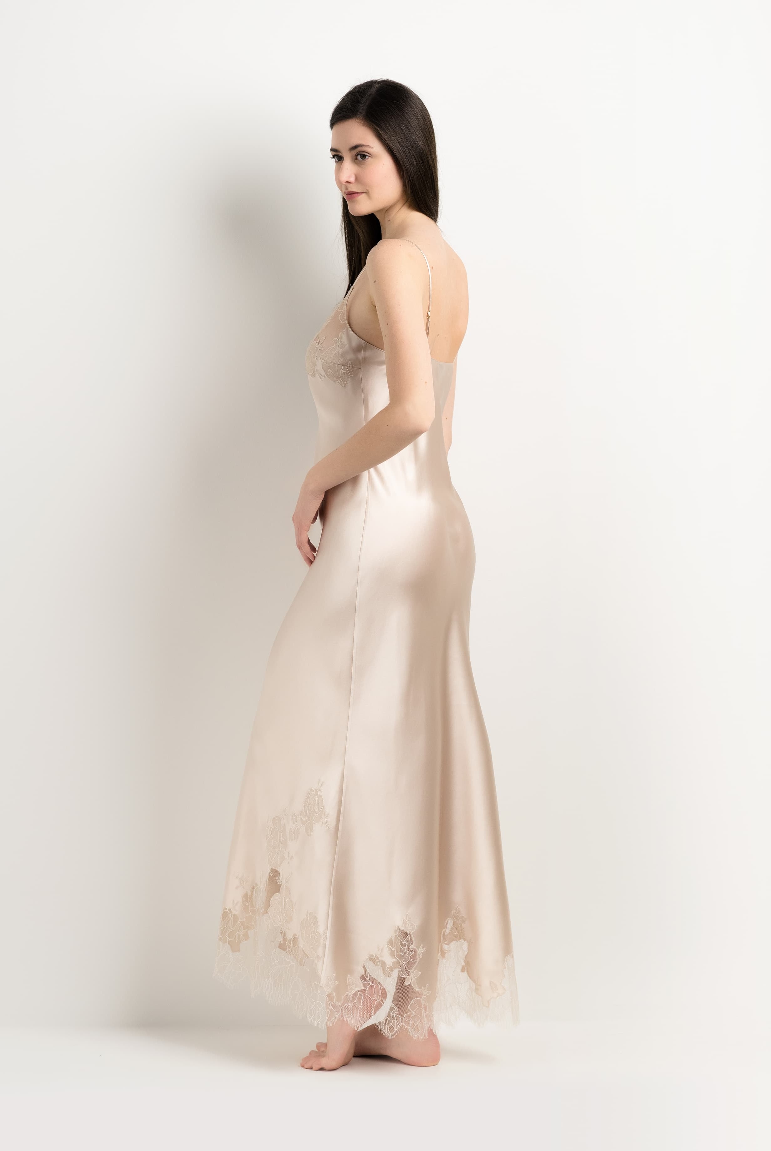 Be seduced by Carine Gilson most beautiful silk lingerie collection with this Long Gown V Neckline in sand beige Silk with ivory lace