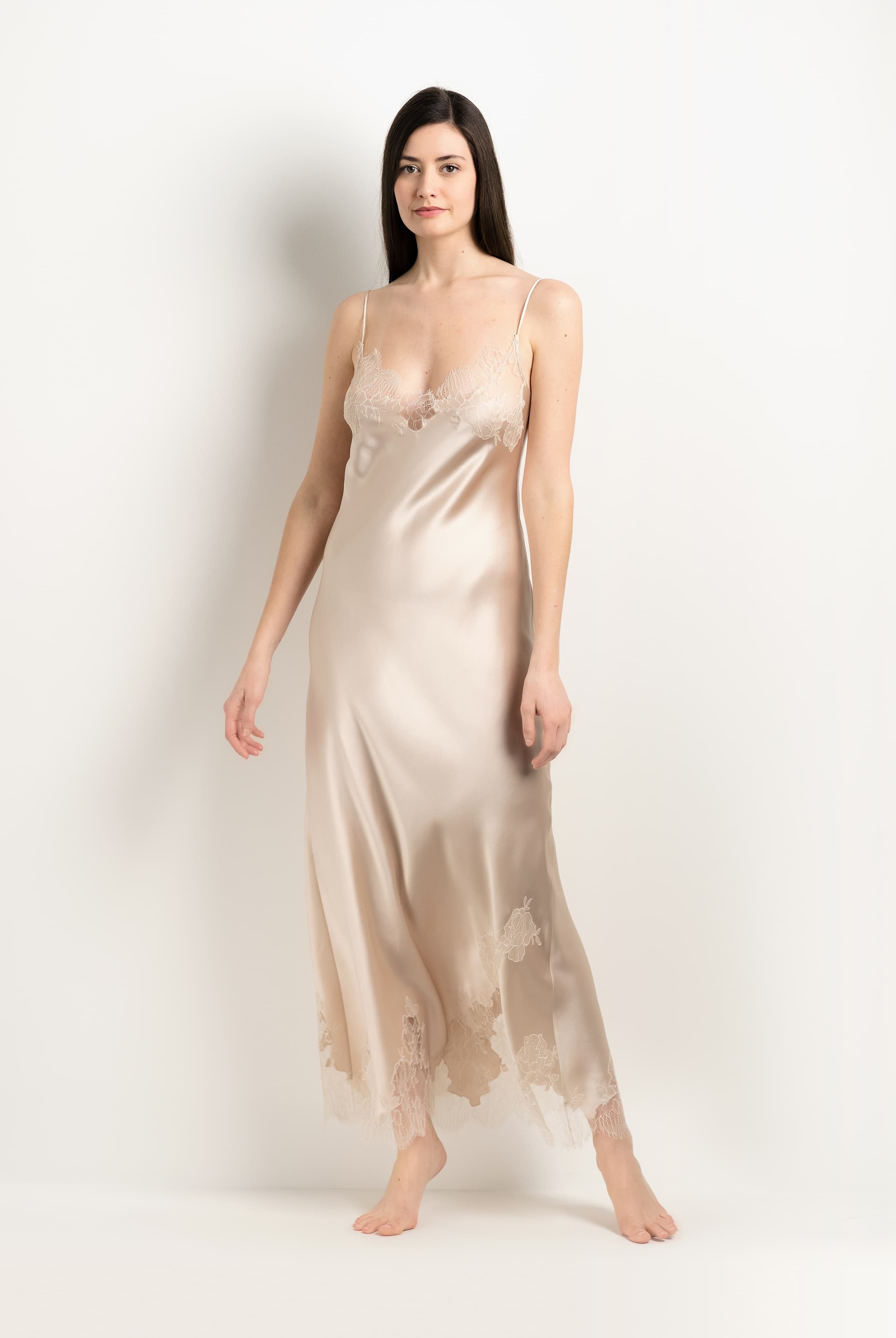 Be seduced by Carine Gilson most beautiful silk lingerie collection with this Long Gown V Neckline in sand beige Silk with ivory lace