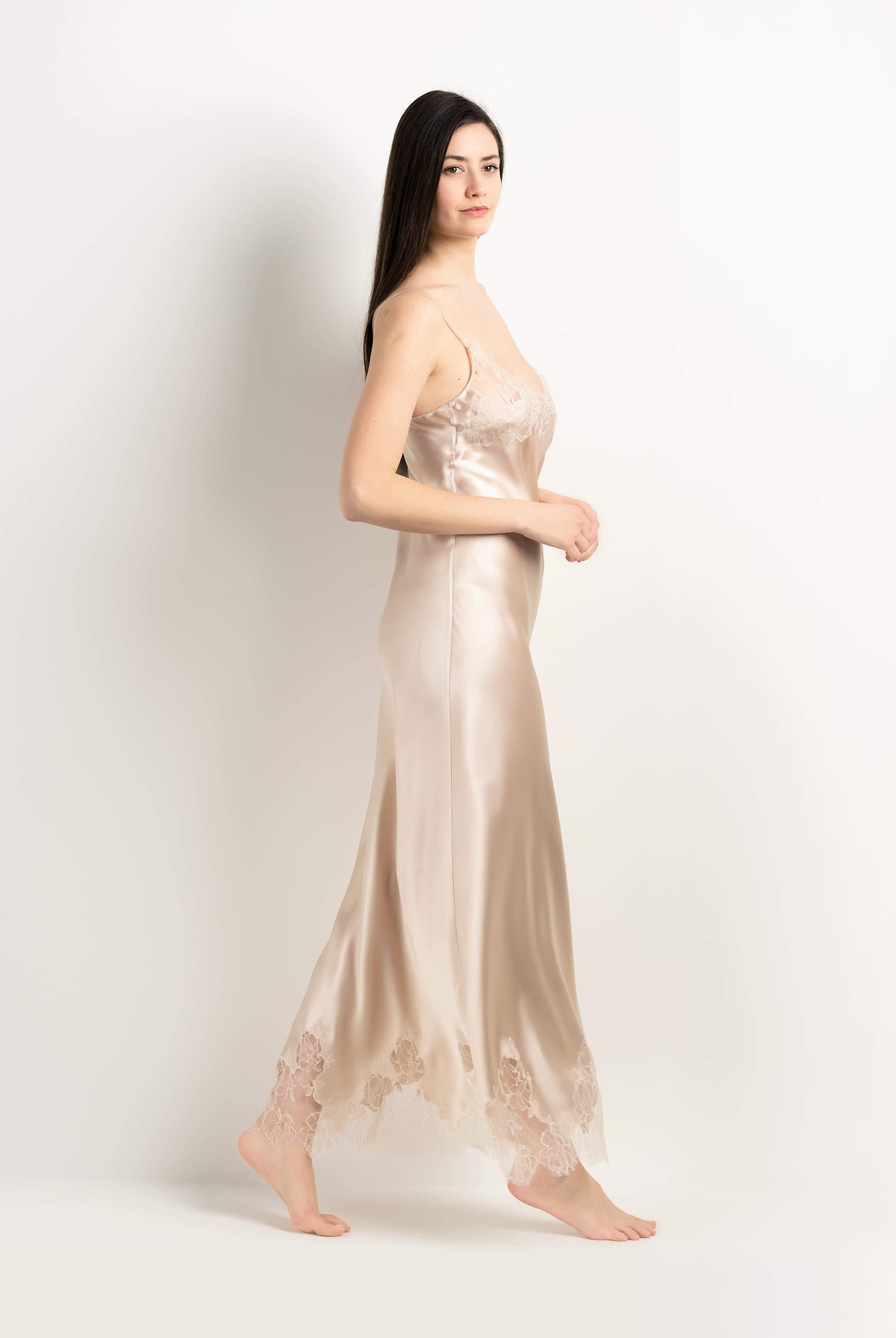 Be seduced by Carine Gilson most beautiful silk lingerie collection with this Long Gown V Neckline in sand beige Silk with ivory lace