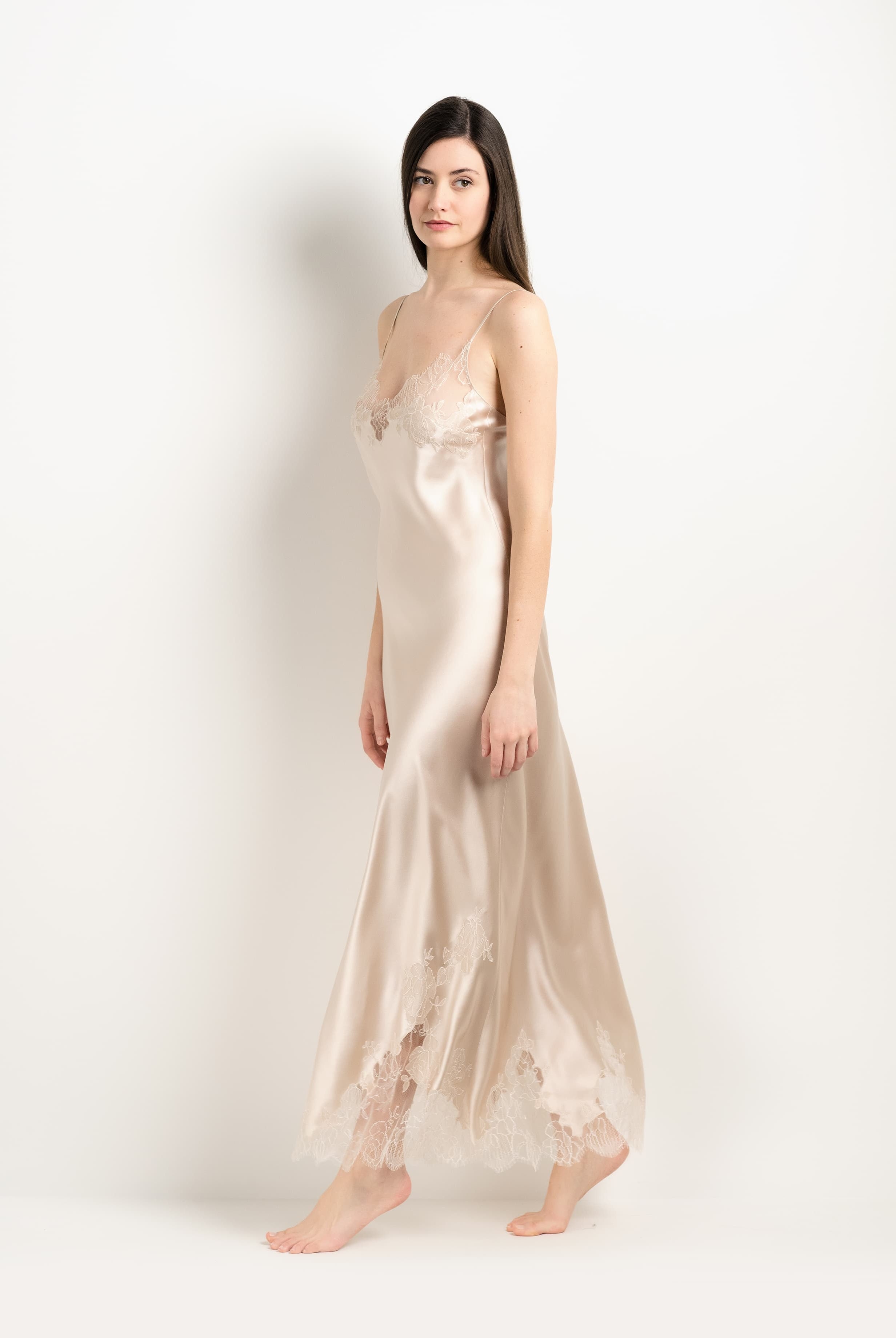 Be seduced by Carine Gilson most beautiful silk lingerie collection with this Long Gown V Neckline in sand beige Silk with ivory lace