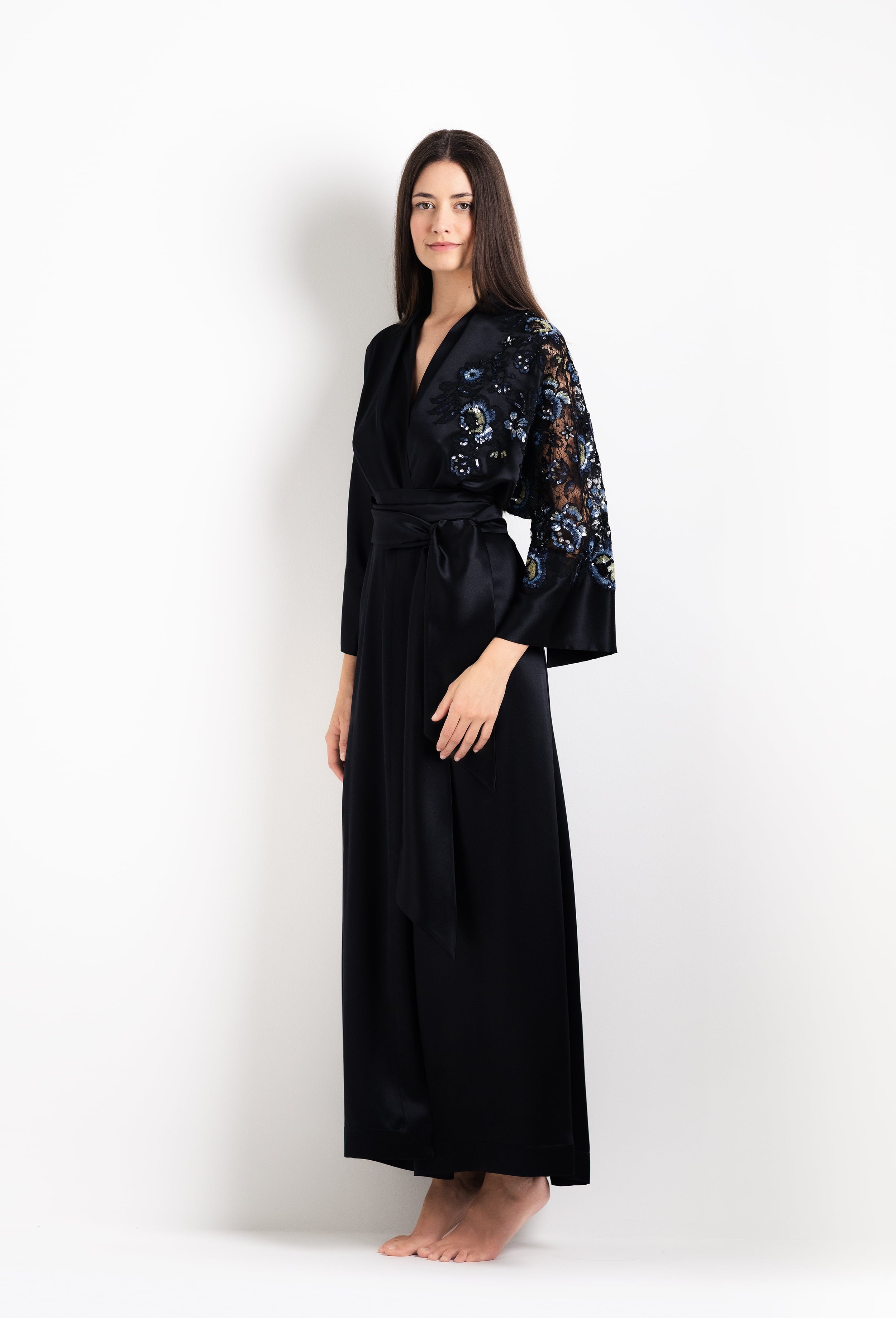 The 2026 Cruise collection from the house Carine Gilson - The most beautiful couture lingerie to be discovered with this Long Kimono Raglan Style in black Silk with Sparkling black lace