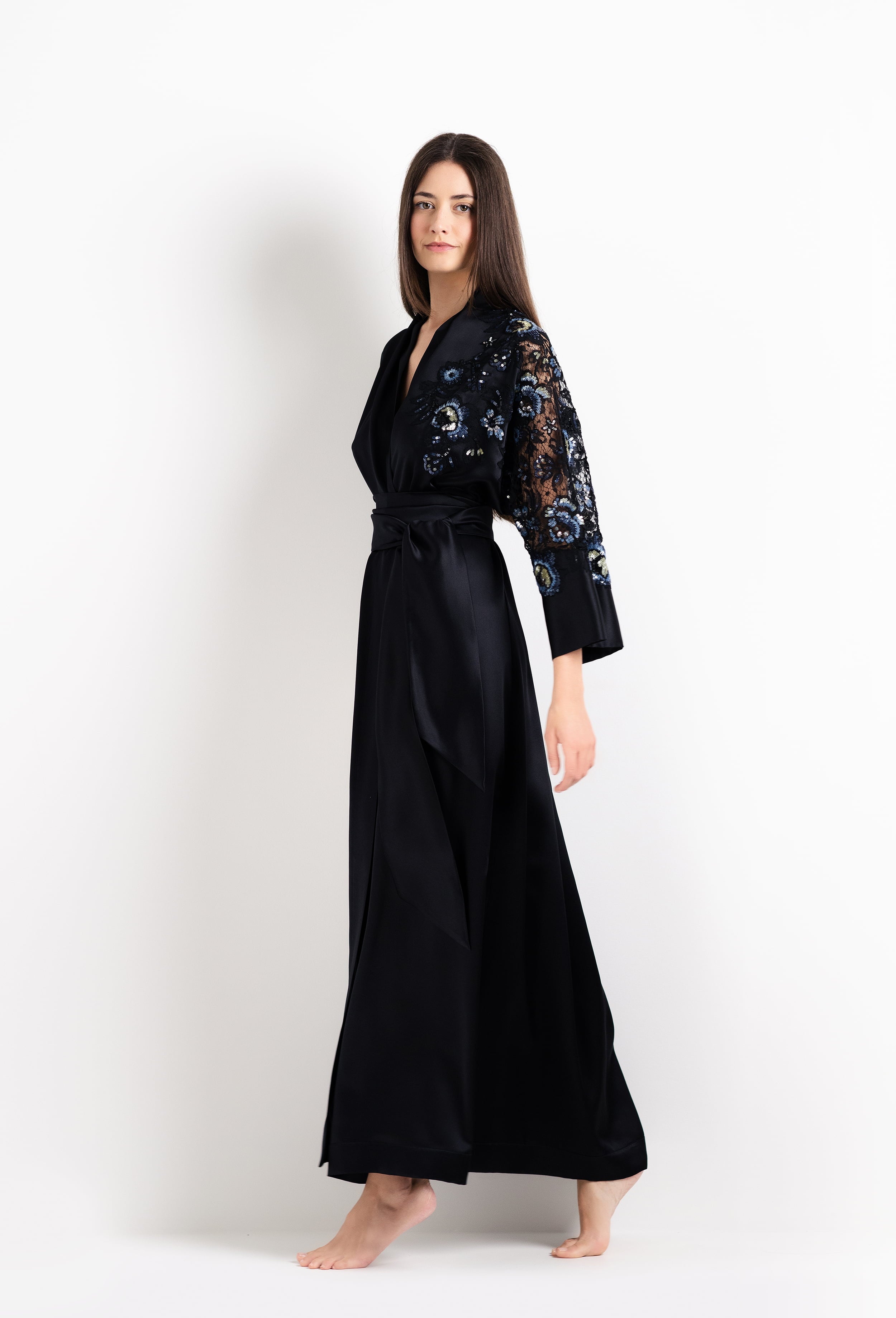 The 2026 Cruise collection from the house Carine Gilson - The most beautiful couture lingerie to be discovered with this Long Kimono Raglan Style in black Silk with Sparkling black lace