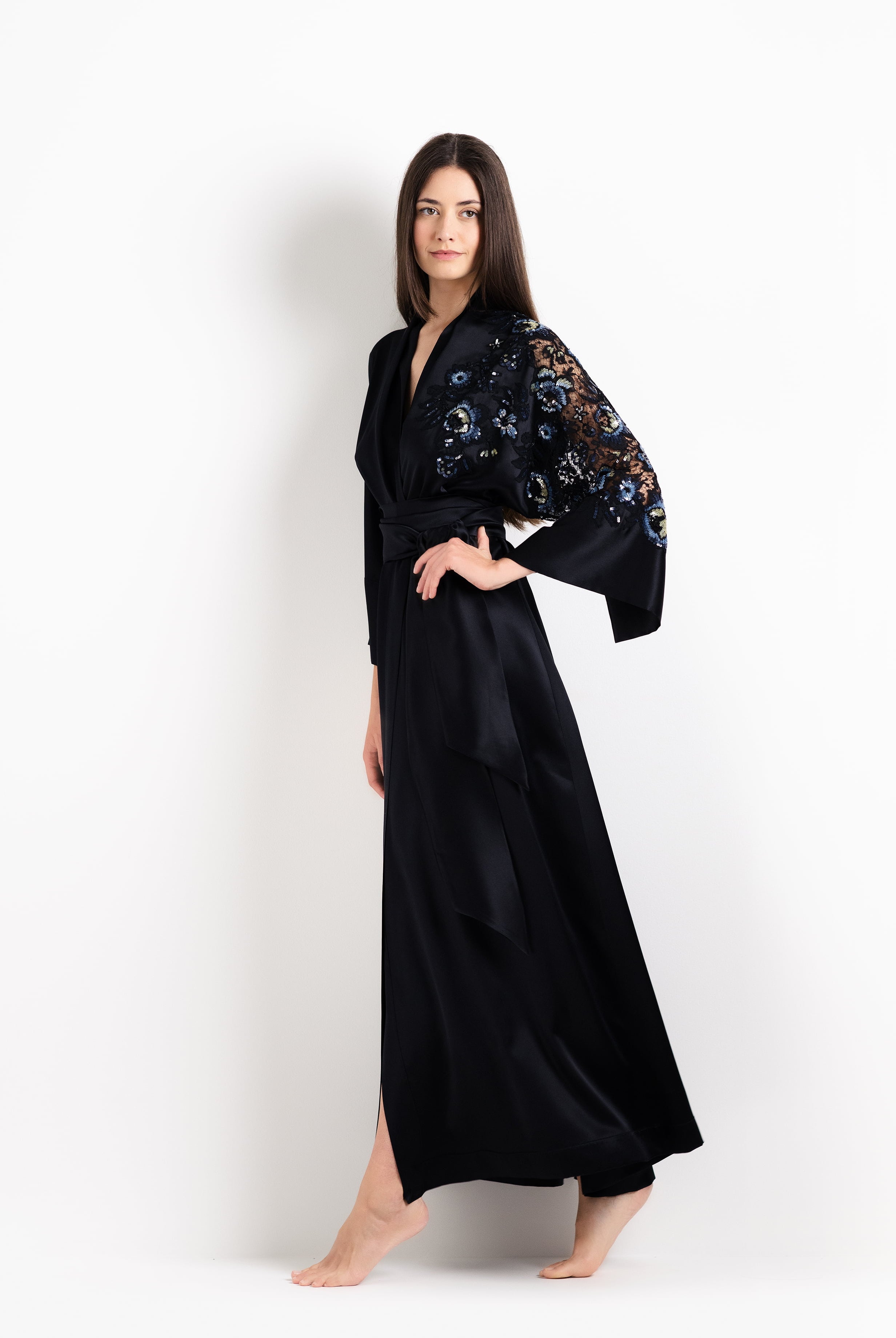 The 2026 Cruise collection from the house Carine Gilson - The most beautiful couture lingerie to be discovered with this Long Kimono Raglan Style in black Silk with Sparkling black lace