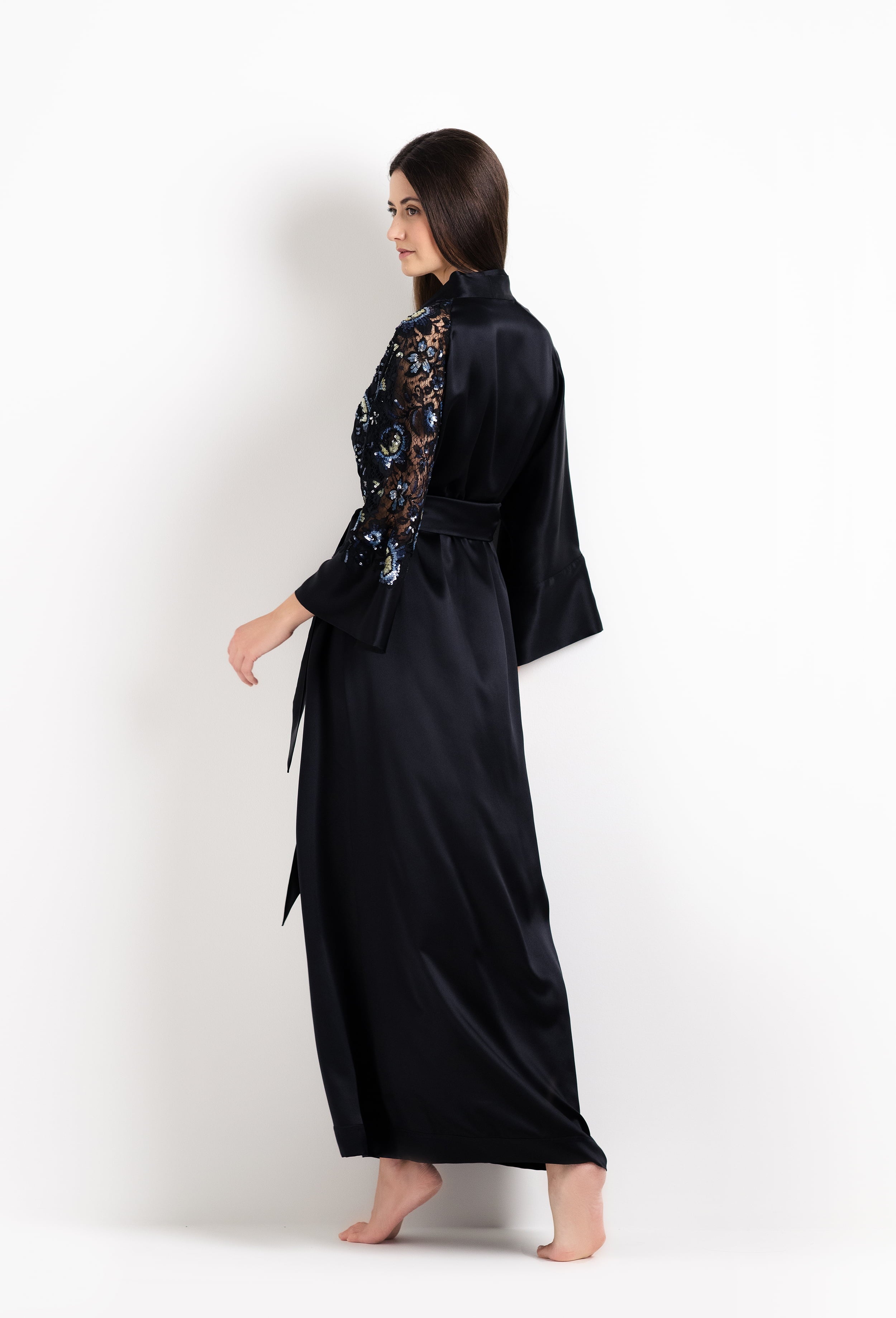 The 2026 Cruise collection from the house Carine Gilson - The most beautiful couture lingerie to be discovered with this Long Kimono Raglan Style in black Silk with Sparkling black lace