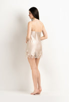 The 2025 Winter collection from the house Carine Gilson - The most beautiful couture lingerie to be discovered with this Slip Babydoll Style V Neckline in sand beige Silk  with ivory lace