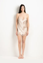 The 2025 Winter collection from the house Carine Gilson - The most beautiful couture lingerie to be discovered with this Slip Babydoll Style V Neckline in sand beige Silk  with ivory lace