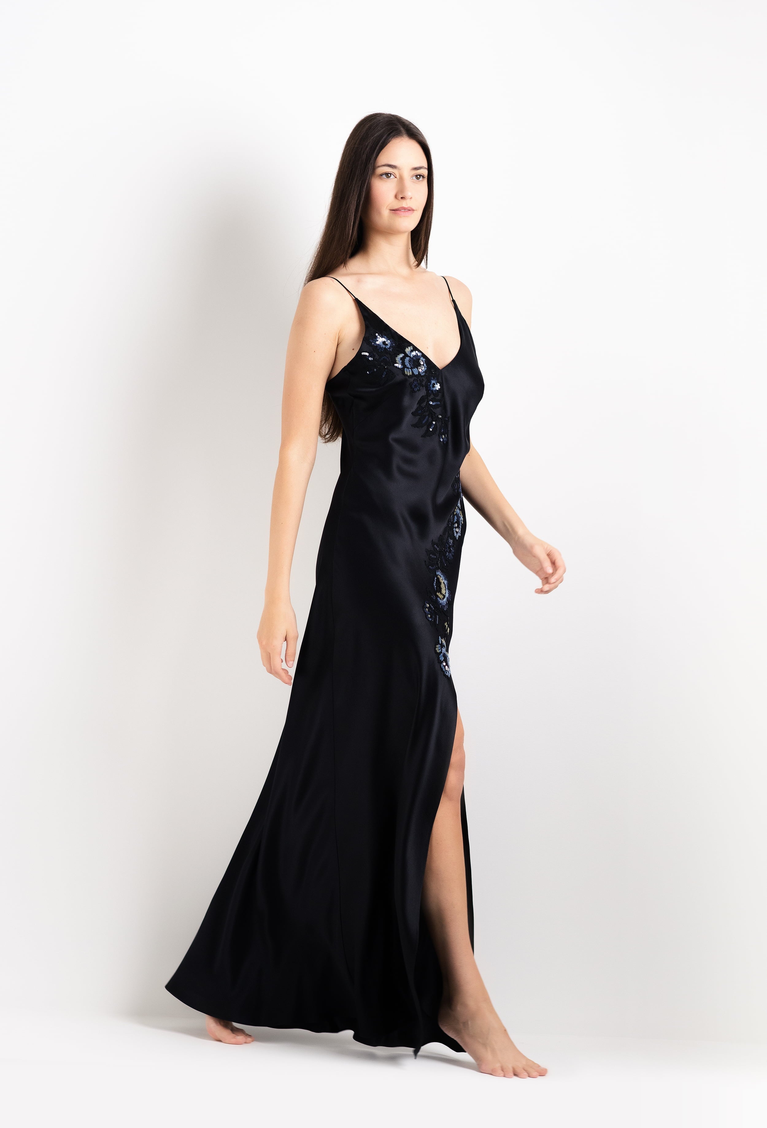 Discover the 2026 Cruise collection of silk and lace couture from the house Carine Gilson with this Paneled Long Slip Dress in black Silk with Sparkling black lace