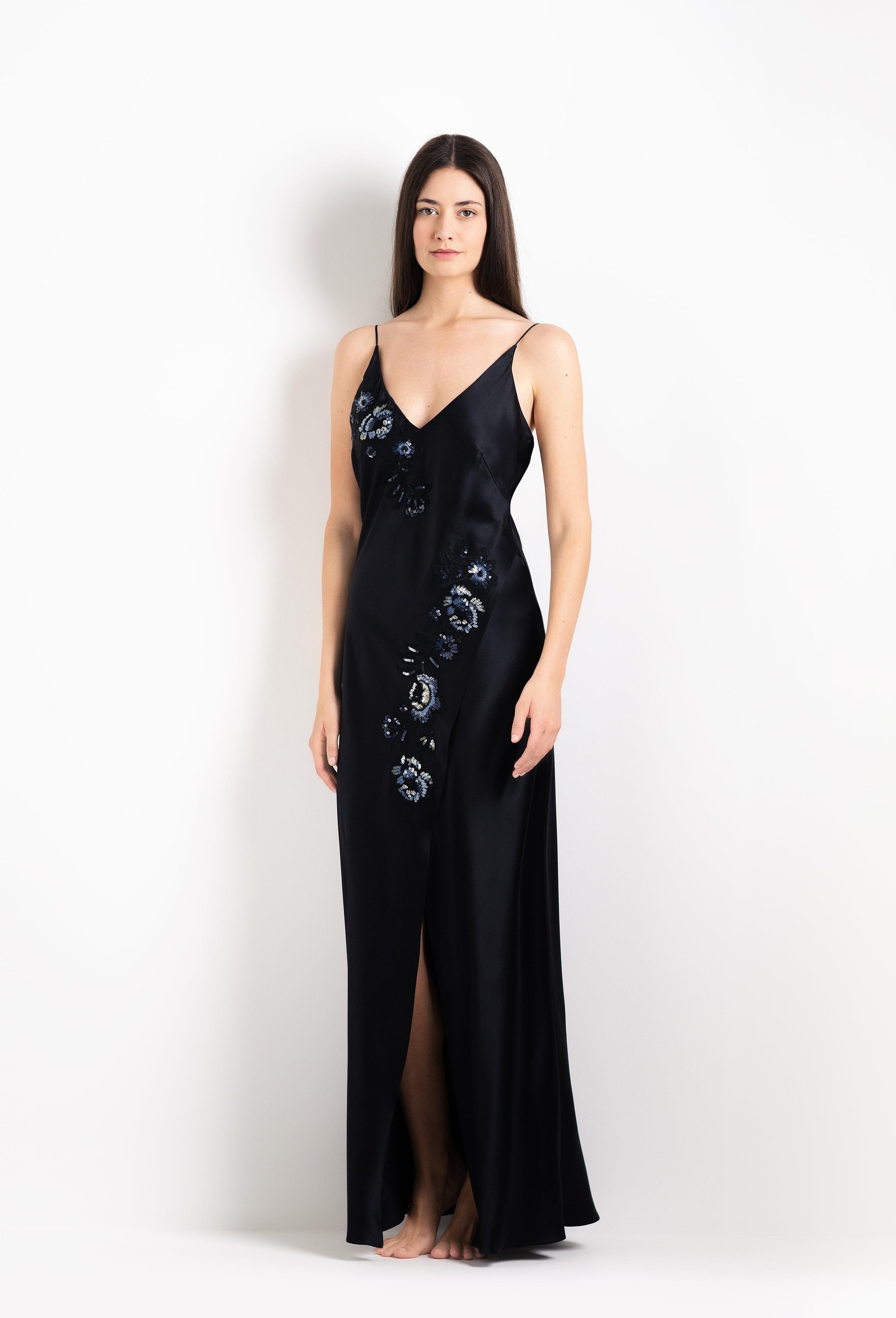 Discover the 2026 Cruise collection of silk and lace couture from the house Carine Gilson with this Paneled Long Slip Dress in black Silk with Sparkling black lace