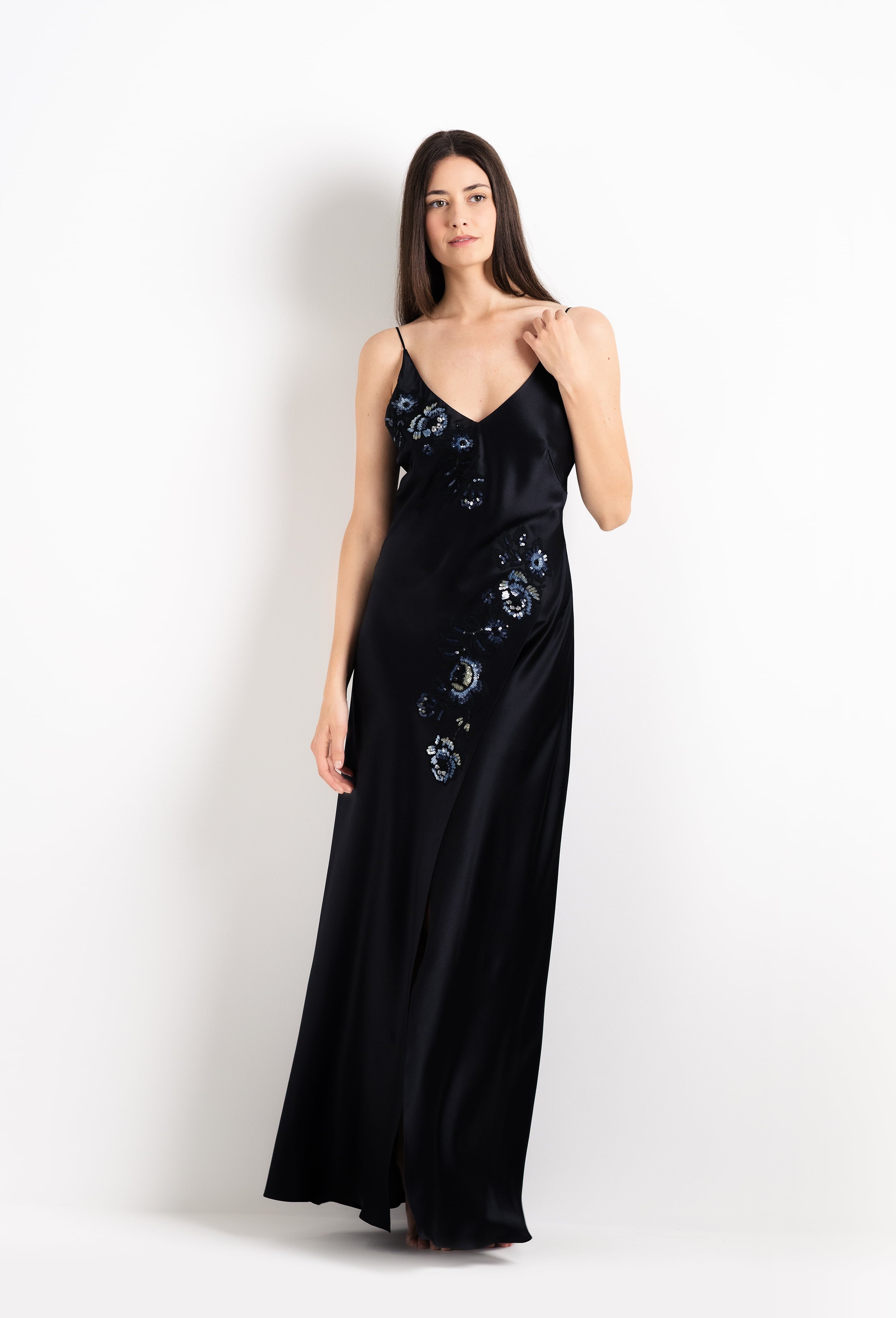 Discover the 2026 Cruise collection of silk and lace couture from the house Carine Gilson with this Paneled Long Slip Dress in black Silk with Sparkling black lace