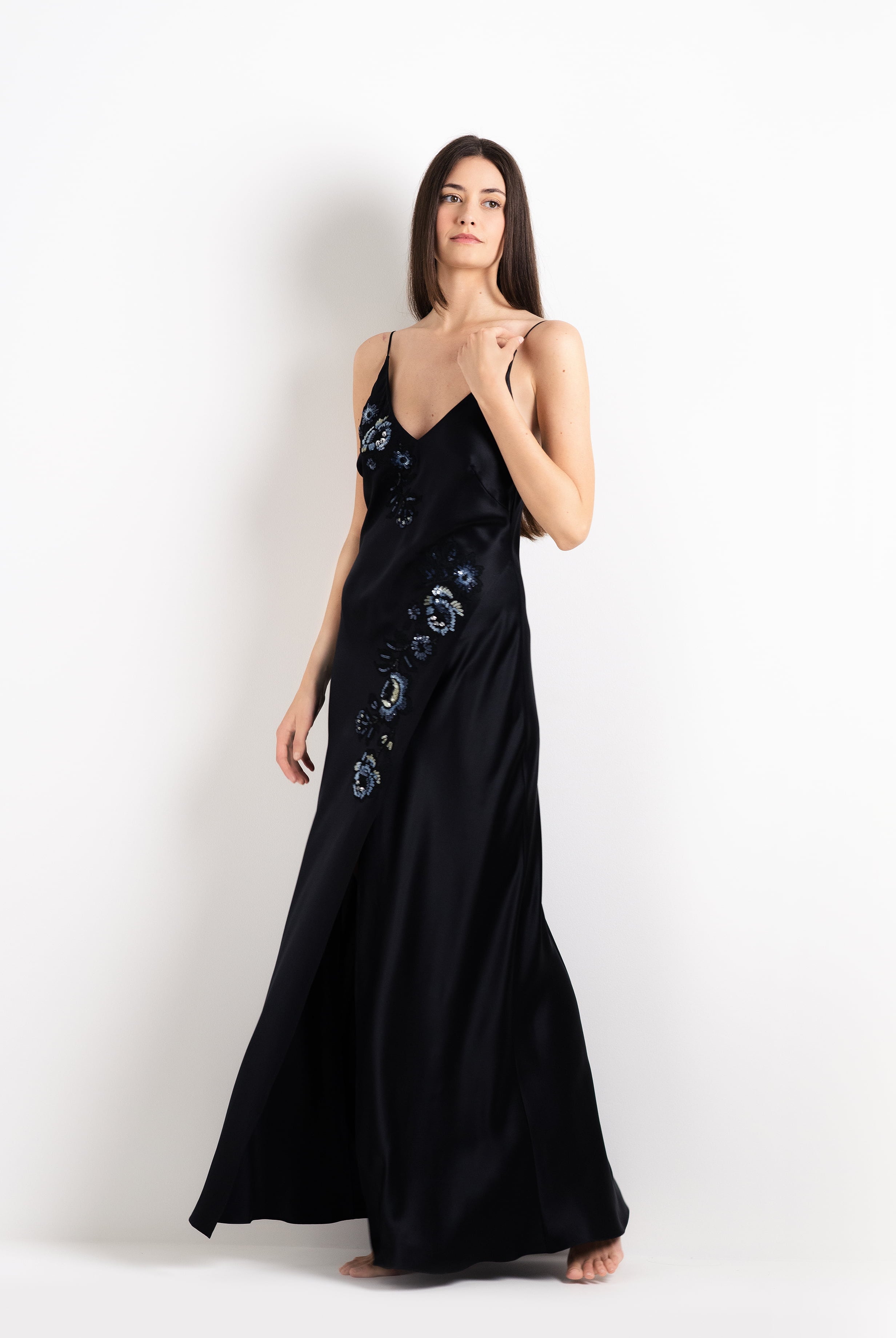 Discover the 2026 Cruise collection of silk and lace couture from the house Carine Gilson with this Paneled Long Slip Dress in black Silk with Sparkling black lace
