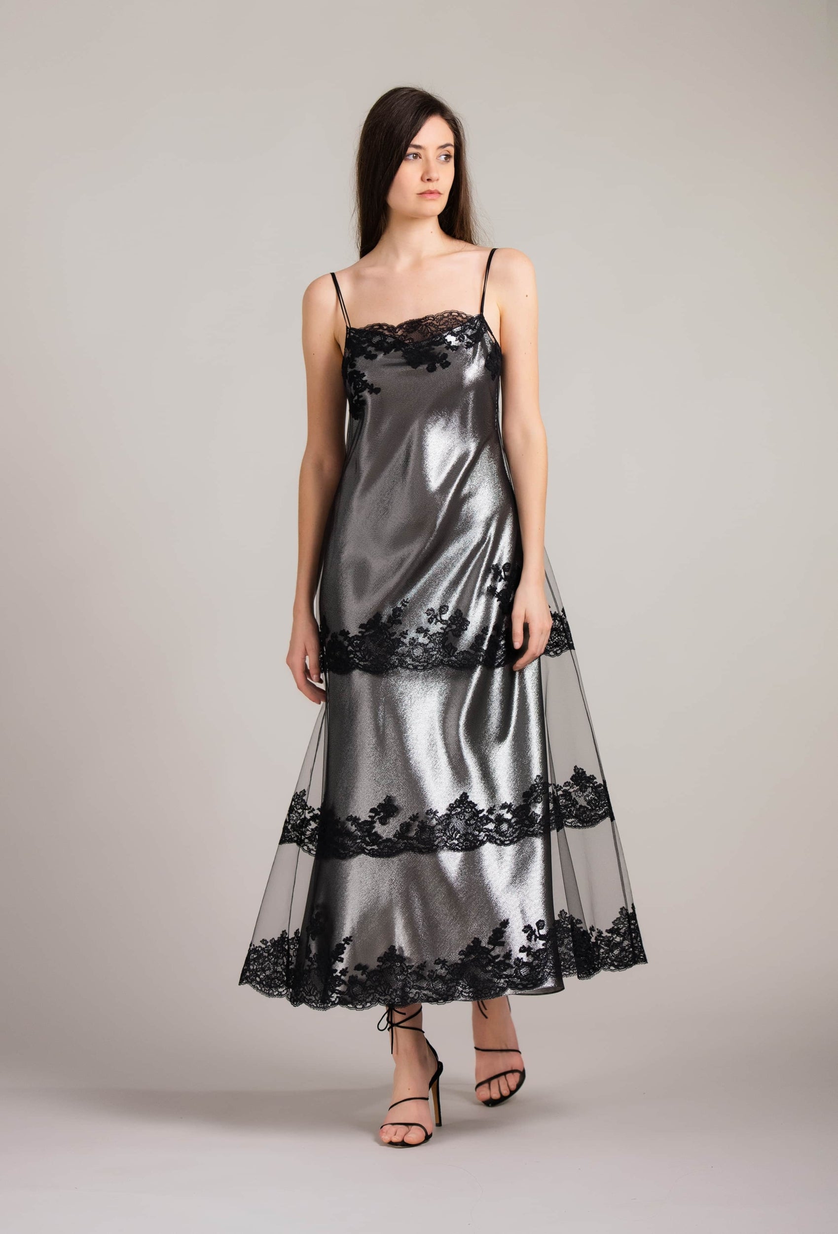 Discover the 2024 summer collection of lingerie couture from the house Carine Gilson with this 7/8 Slip Dress Straight Neckline with cuts in Black Silk with Black lace