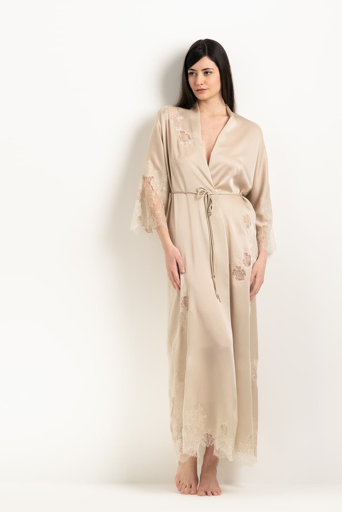 Made of silk and lace, explore the lingerie collection 2025 Winter from the house Carine Gilson with this Long Kimono Raglan Style in sand beige Silk with ivory lace
