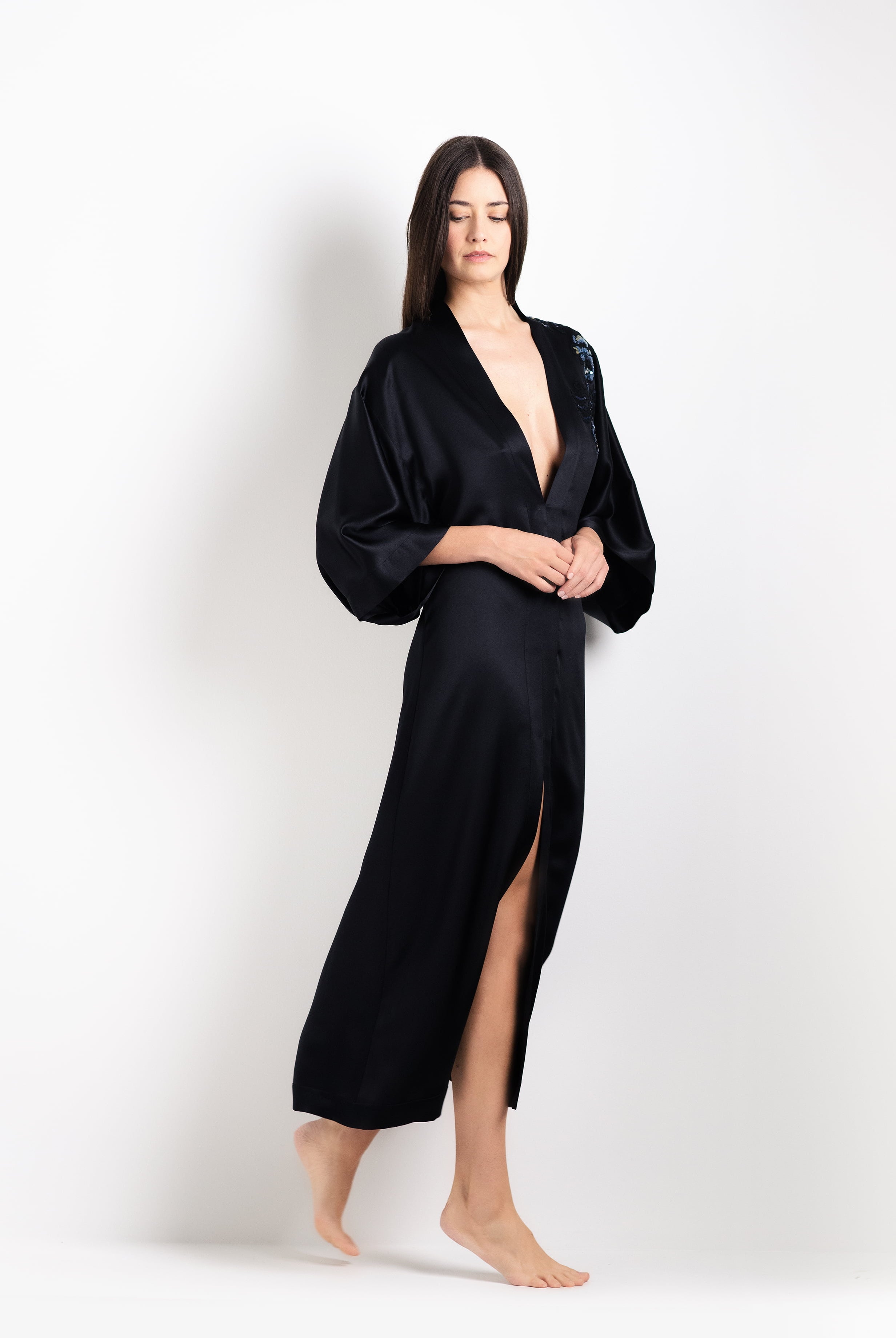 Enter Carine Gilson's world and the most beautiful silk and lace collection with the 2026 Cruise with this Long V Neck Kaftan in black Silk with Sparkling black lace