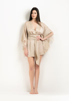 Enjoy the 2025 Winter collection of lingerie couture from the house Carine Gilson with this Short Kimono Butterfly Sleeves in sand beige Silk  with ivory lace