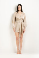 Enjoy the 2025 Winter collection of lingerie couture from the house Carine Gilson with this Short Kimono Butterfly Sleeves in sand beige Silk  with ivory lace