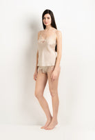Discover the 2025 Winter collection of lingerie couture from the house Carine Gilson with this Camisole V Neckline in sand beige Silk  with ivory lace