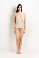 Discover the 2025 Winter collection of lingerie couture from the house Carine Gilson with this Camisole V Neckline in sand beige Silk  with ivory lace