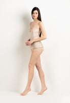 Enter Carine Gilson's world and the most beautiful silk lingerie with the 2025 Winter collection with this Floaty Shorts in sand beige Silk  with ivory lace