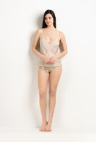 Enter Carine Gilson's world and the most beautiful silk lingerie with the 2025 Winter collection with this Floaty Shorts in sand beige Silk  with ivory lace