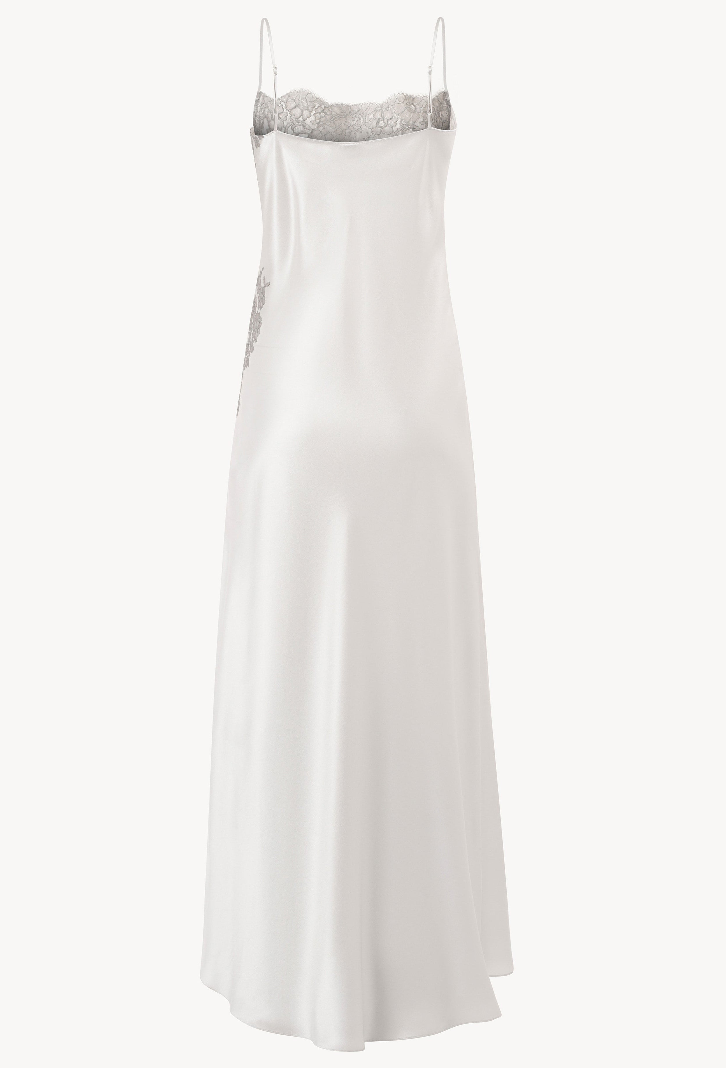 Be seduced by Carine Gilson most beautiful silk lingerie collection with this Long Dress Straight Neckline in Silver grey Silk with Grey lace