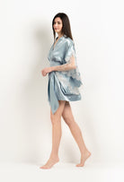 Be seduced by Carine Gilson most beautiful silk lingerie collection with this Short Kimono Butterfly Sleeves in Frozen blue Silk  with ivory lace
