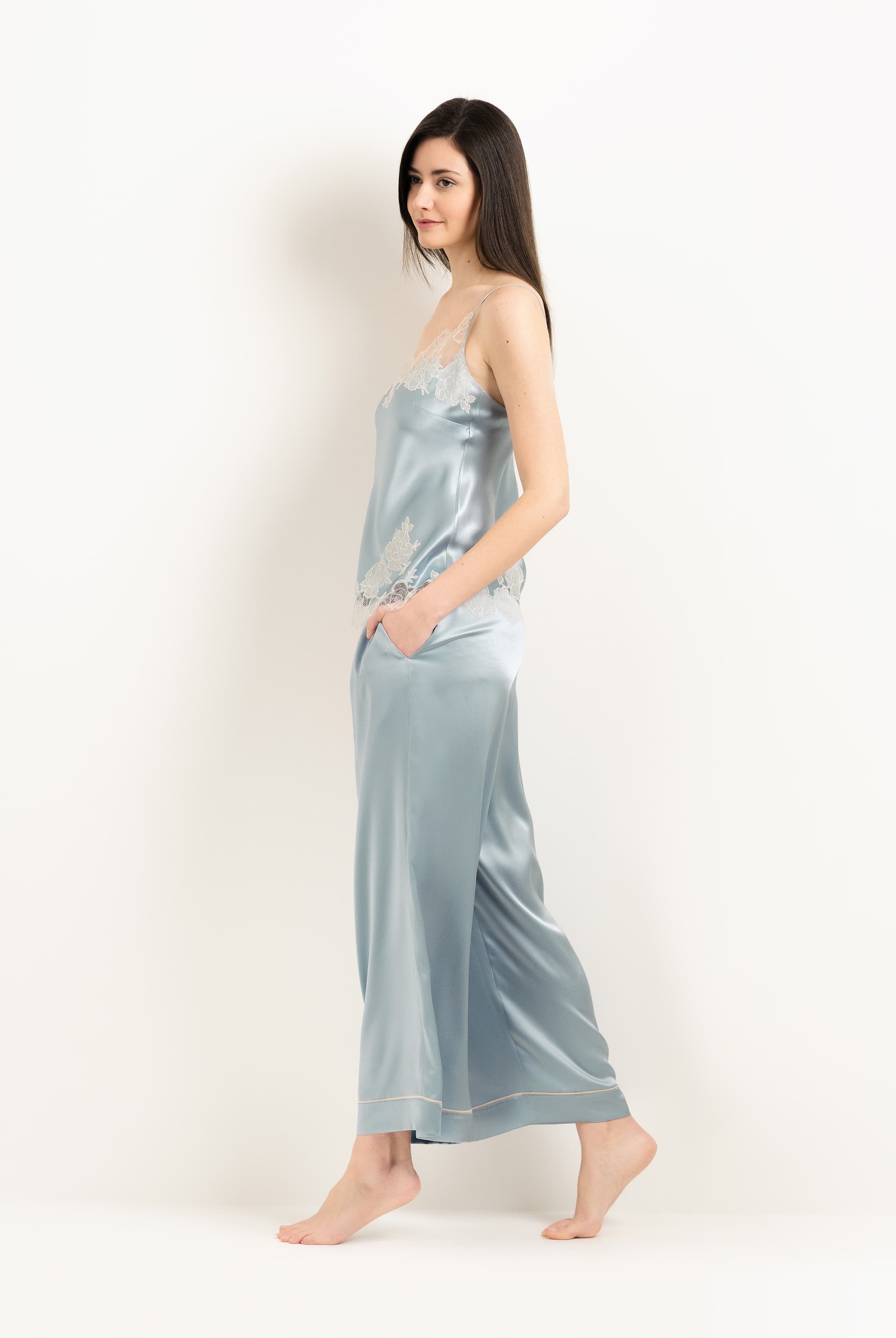 Enjoy the 2025 Winter collection of lingerie couture from the house Carine Gilson with this Camisole V Neckline in Frozen blue Silk with ivory lace
