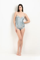 Enjoy the 2025 Winter collection of lingerie couture from the house Carine Gilson with this Camisole V Neckline in Frozen blue Silk  with ivory lace
