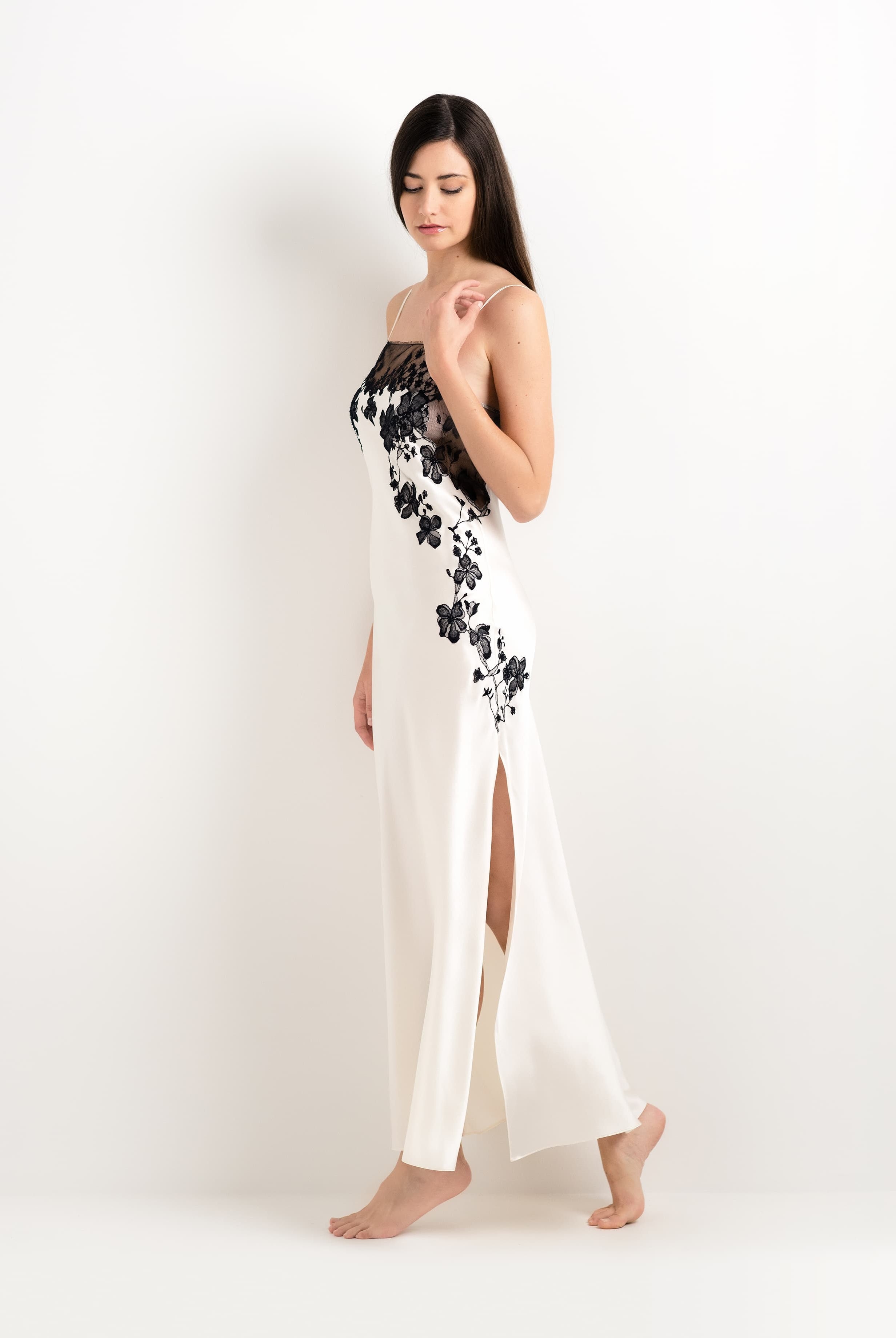 Be seduced by Carine Gilson most beautiful silk lingerie collection with this Long Gown Straight Neckline in Pearl Silk with Black lace