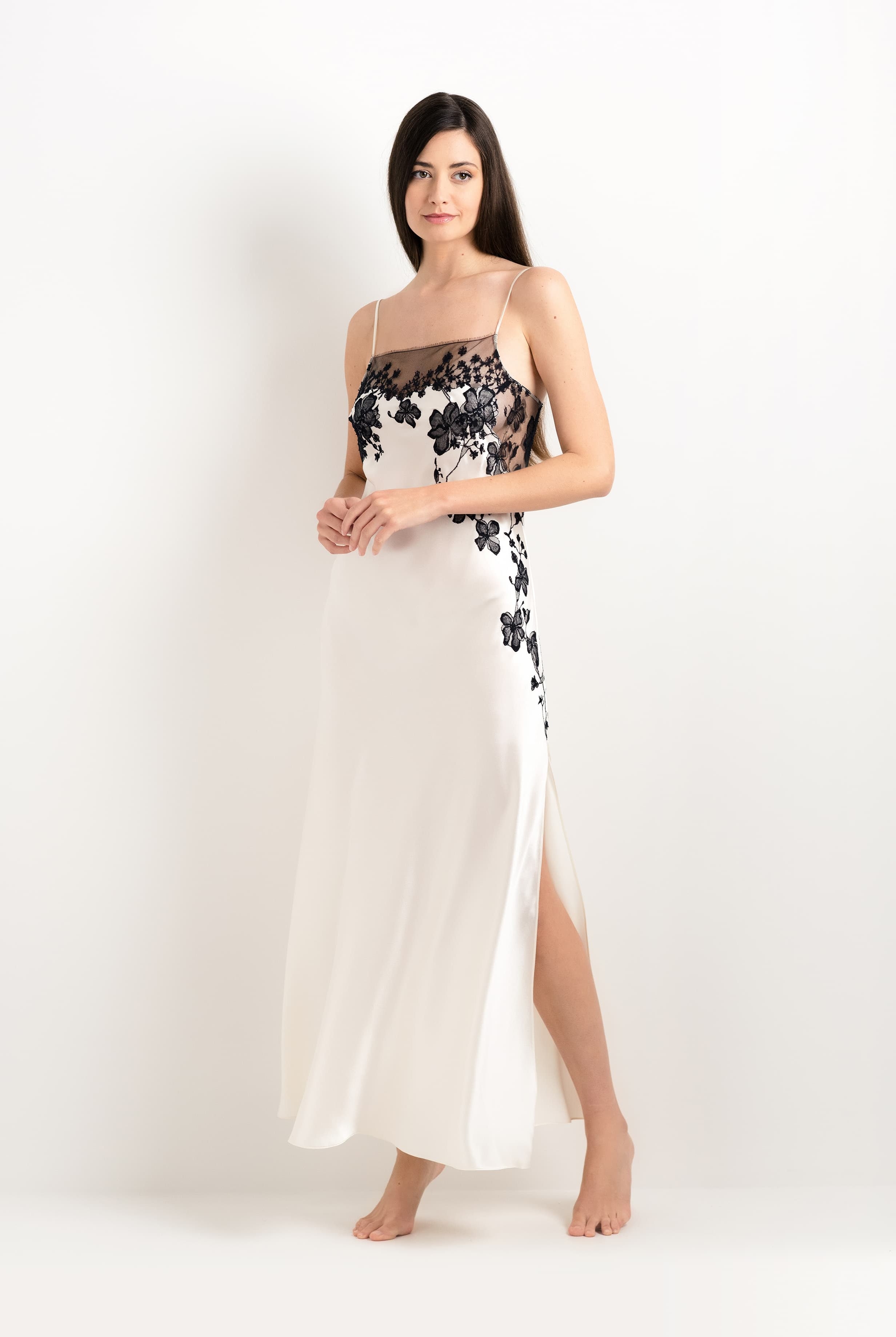 Be seduced by Carine Gilson most beautiful silk lingerie collection with this Long Gown Straight Neckline in Pearl Silk with Black lace