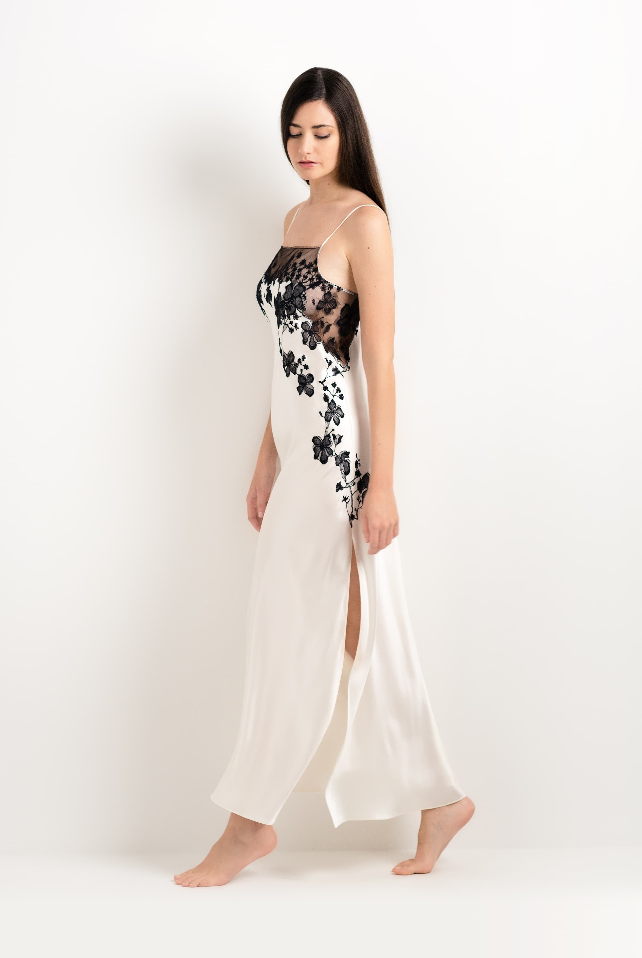 Be seduced by Carine Gilson most beautiful silk lingerie collection with this Long Gown Straight Neckline in Pearl Silk with Black lace