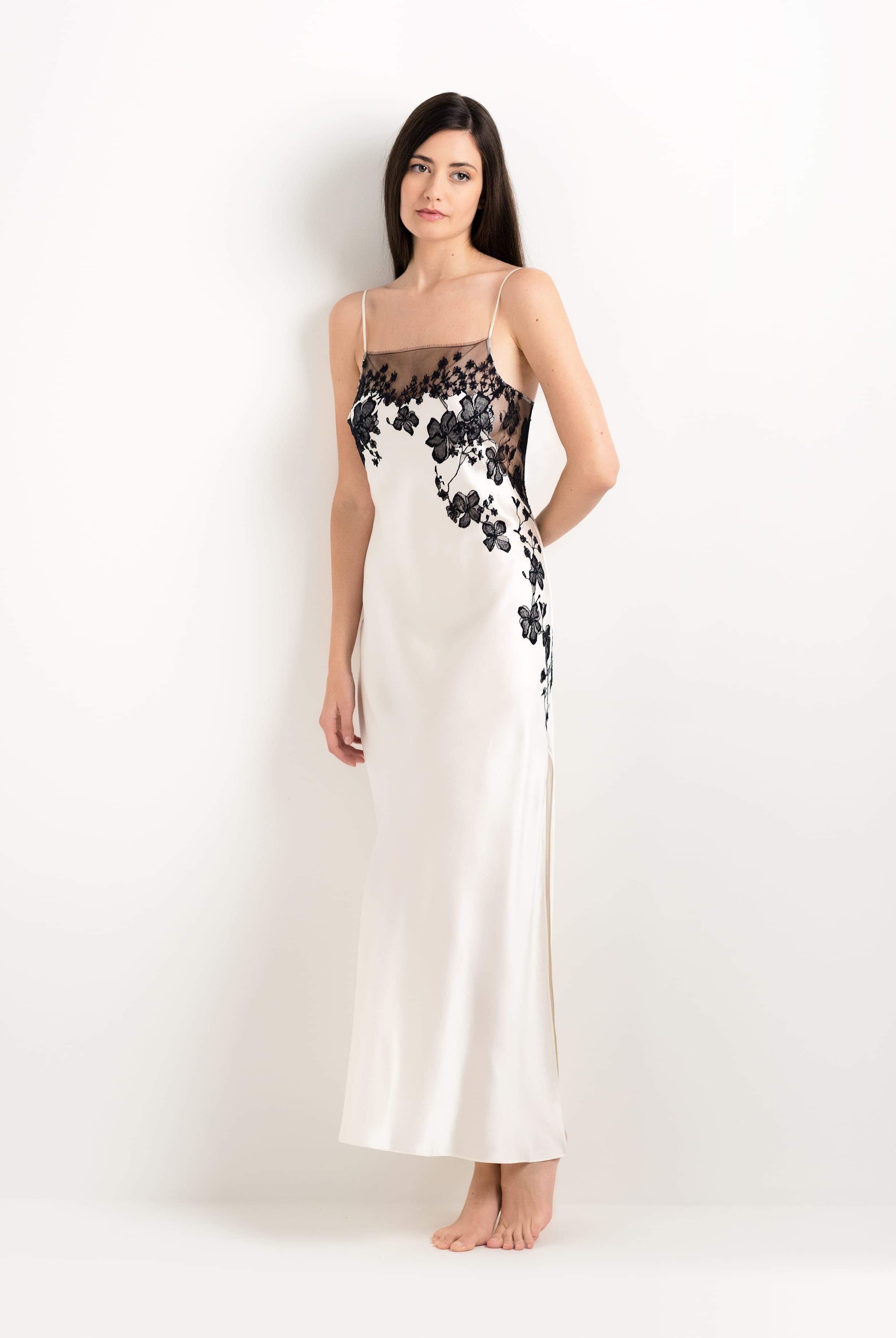Be seduced by Carine Gilson most beautiful silk lingerie collection with this Long Gown Straight Neckline in Pearl Silk with Black lace