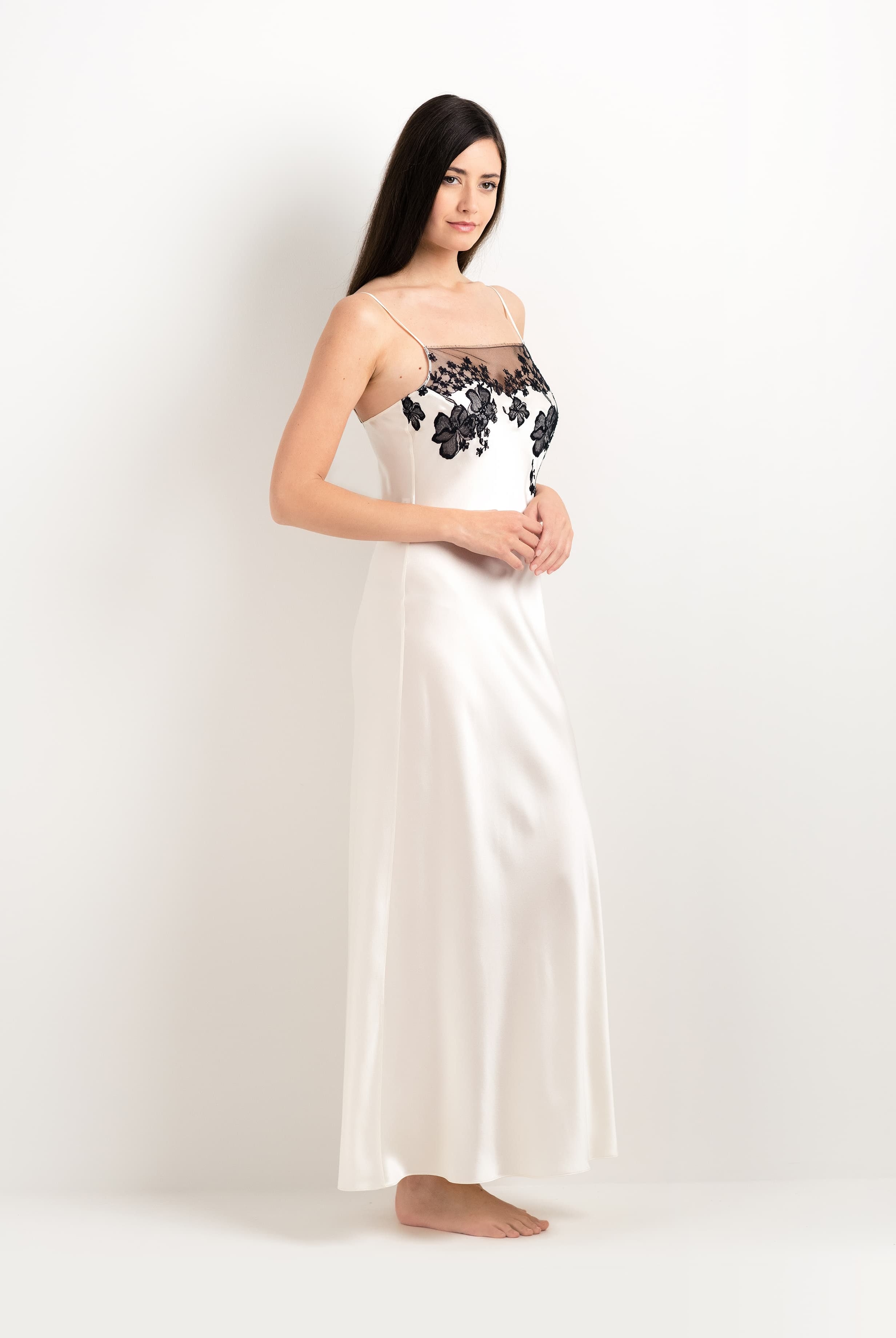 Be seduced by Carine Gilson most beautiful silk lingerie collection with this Long Gown Straight Neckline in Pearl Silk with Black lace