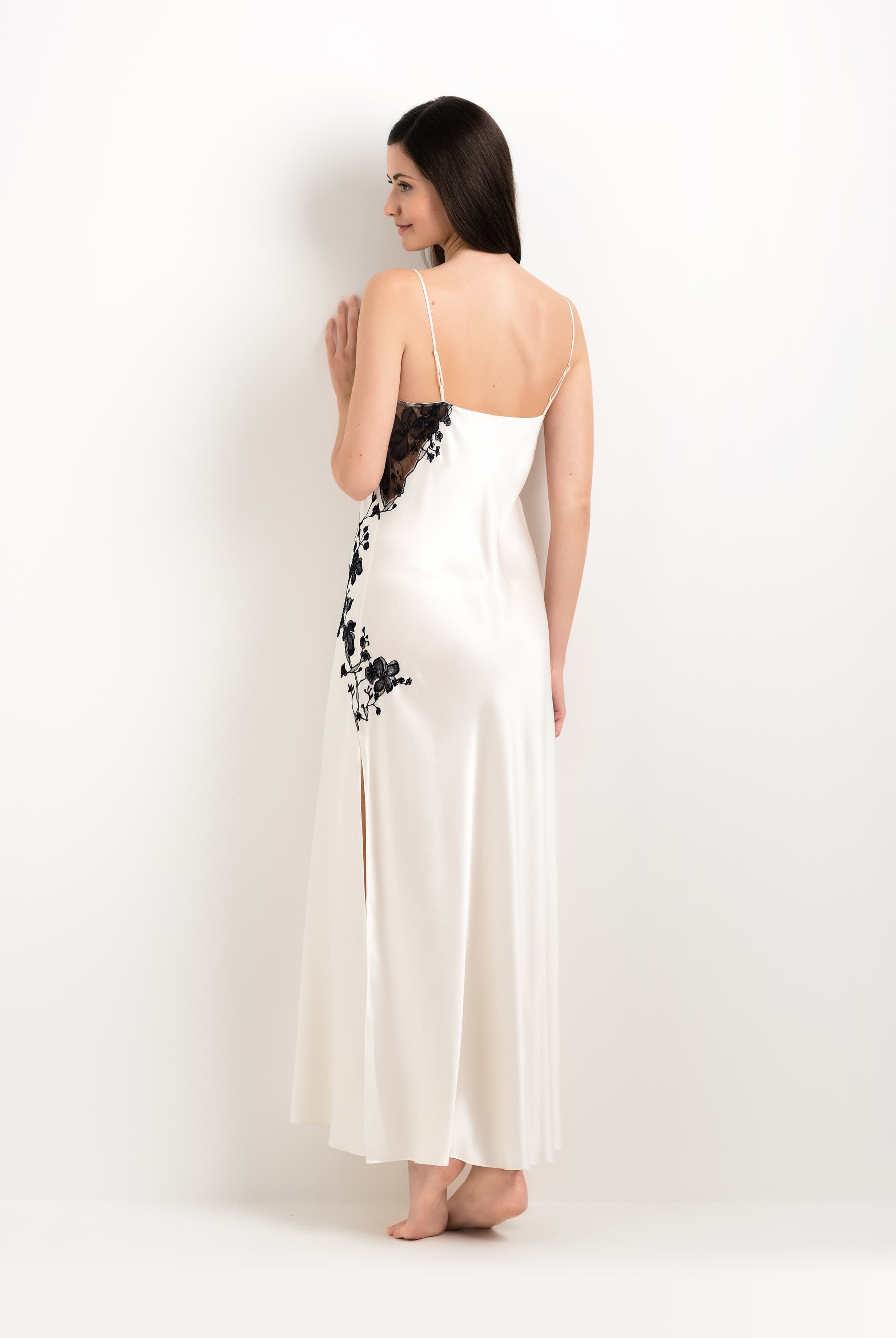 Be seduced by Carine Gilson most beautiful silk lingerie collection with this Long Gown Straight Neckline in Pearl Silk with Black lace