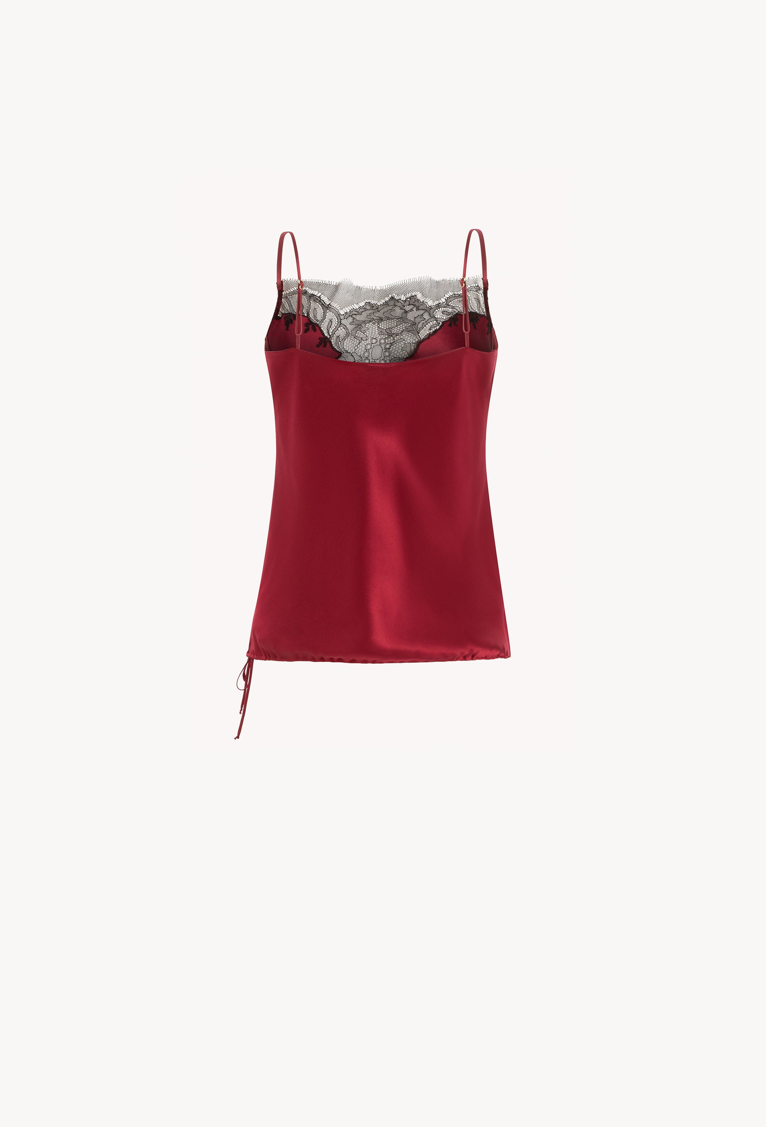 Made of silk and lace, explore the lingerie collection Winter 2026-27 from the house Carine Gilson with this Camisole Straight Neckline in Rubis red Silk with Black lace