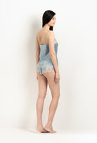 Enjoy the 2025 Winter collection of lingerie couture from the house Carine Gilson with this Camisole V Neckline in Frozen blue Silk  with ivory lace