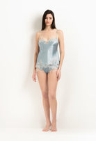 Enjoy the 2025 Winter collection of lingerie couture from the house Carine Gilson with this Camisole V Neckline in Frozen blue Silk  with ivory lace