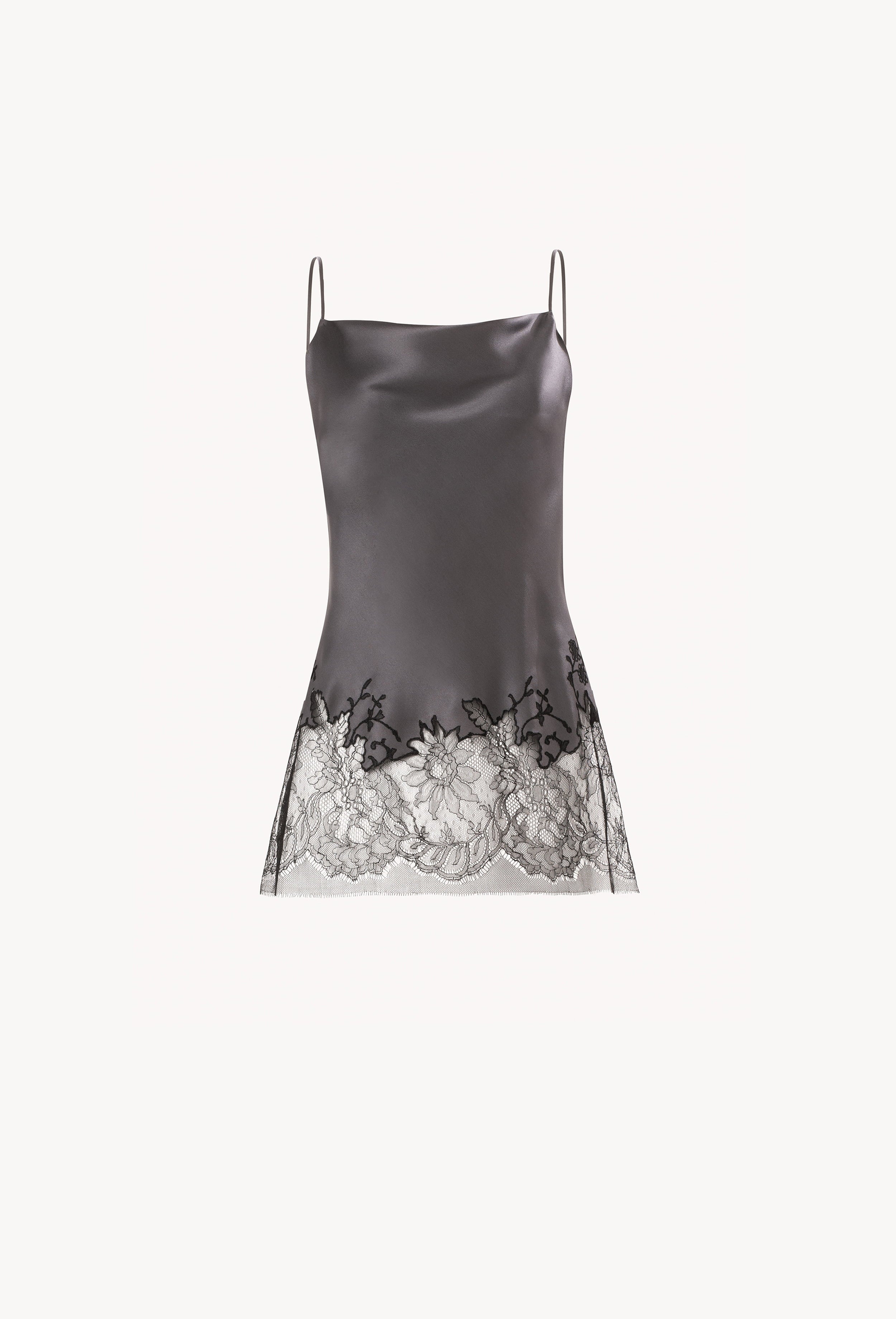 Enter Carine Gilson's world and the most beautiful silk lingerie with the Winter 2026-27 collection with this Long top with Scoop Neckline in StormGrey Silk with Black lace