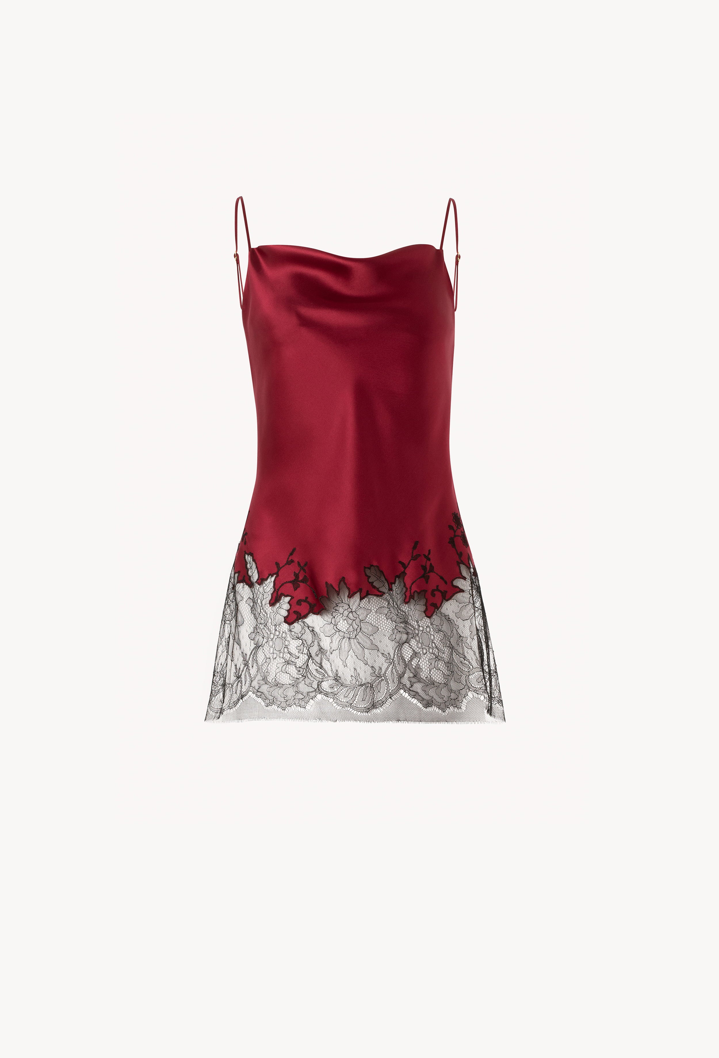 Made of silk and lace, explore the lingerie collection Winter 2026-27 from the house Carine Gilson with this Long top with Scoop Neckline in Rubis red Silk with Black lace