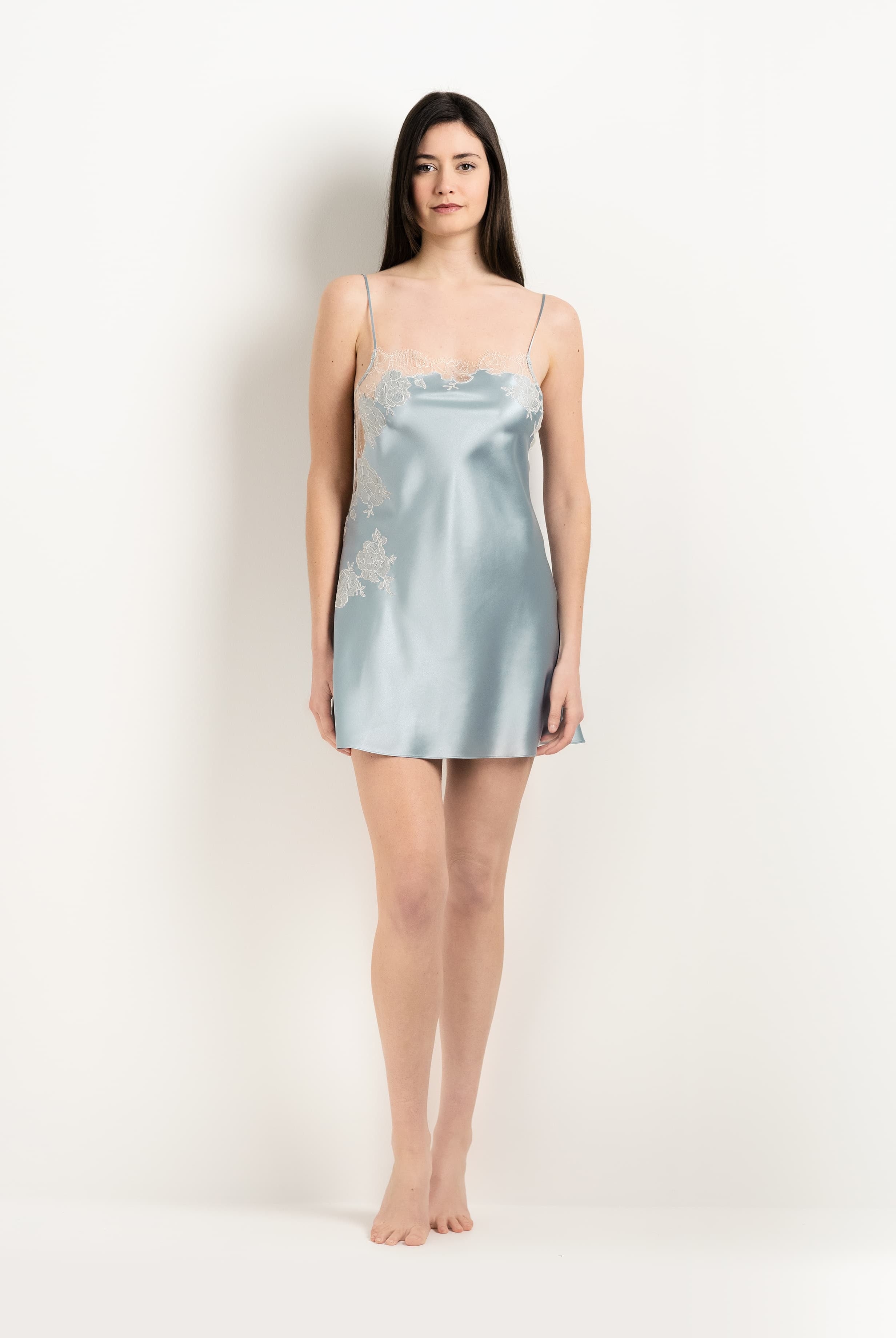 Discover the 2025 Winter collection of lingerie couture from the house Carine Gilson with this Slip Babydoll Style Straight Neckline in Frozen blue Silk with ivory lace