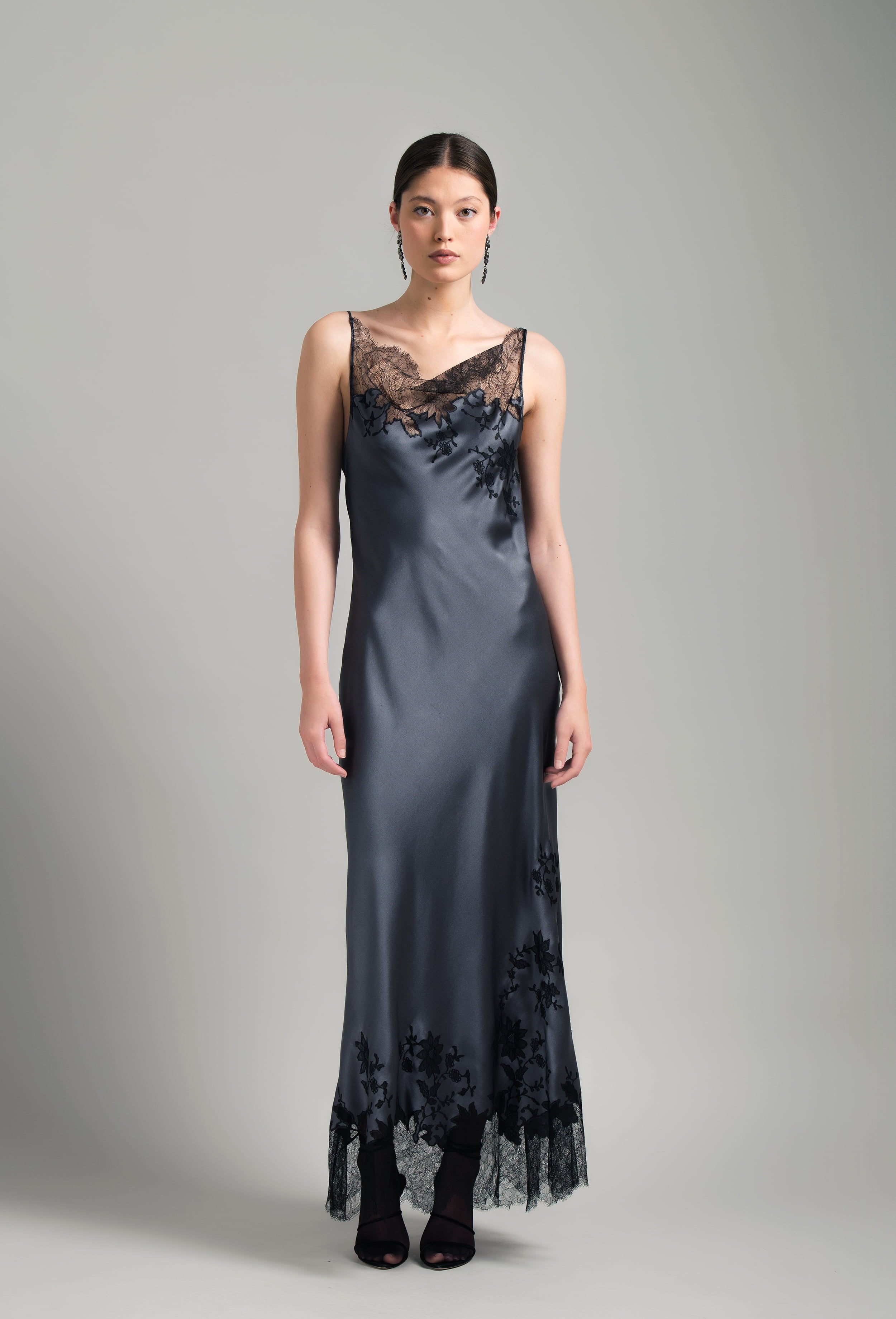 Enjoy the Winter 2026-27 collection of lingerie couture from the house Carine Gilson with this Long Dress Cowl Neckline with lace in StormGrey Silk with Black lace