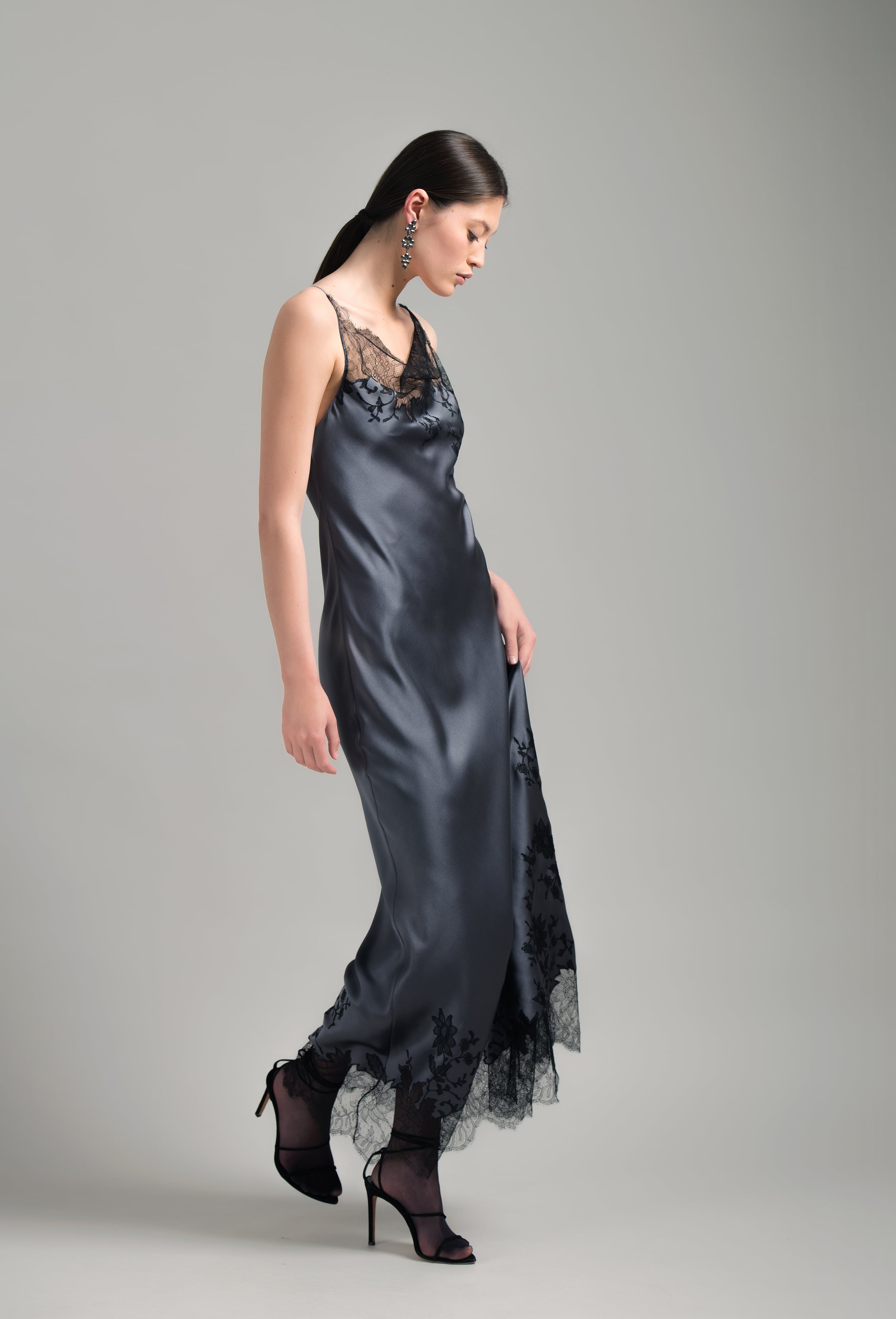 Enjoy the Winter 2026-27 collection of lingerie couture from the house Carine Gilson with this Long Dress Cowl Neckline with lace in StormGrey Silk with Black lace