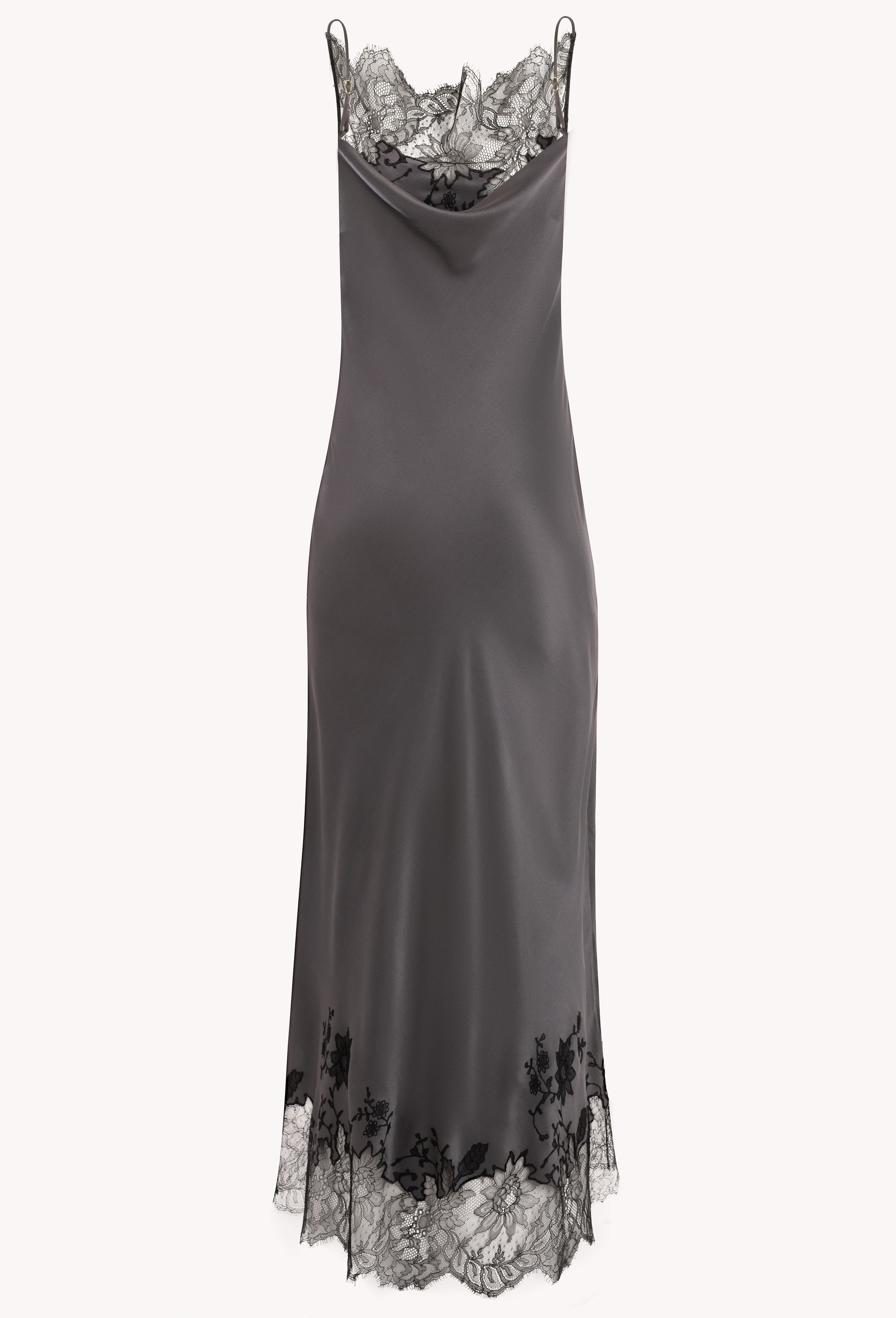 Enjoy the Winter 2026-27 collection of lingerie couture from the house Carine Gilson with this Long Dress Cowl Neckline with lace in StormGrey Silk with Black lace