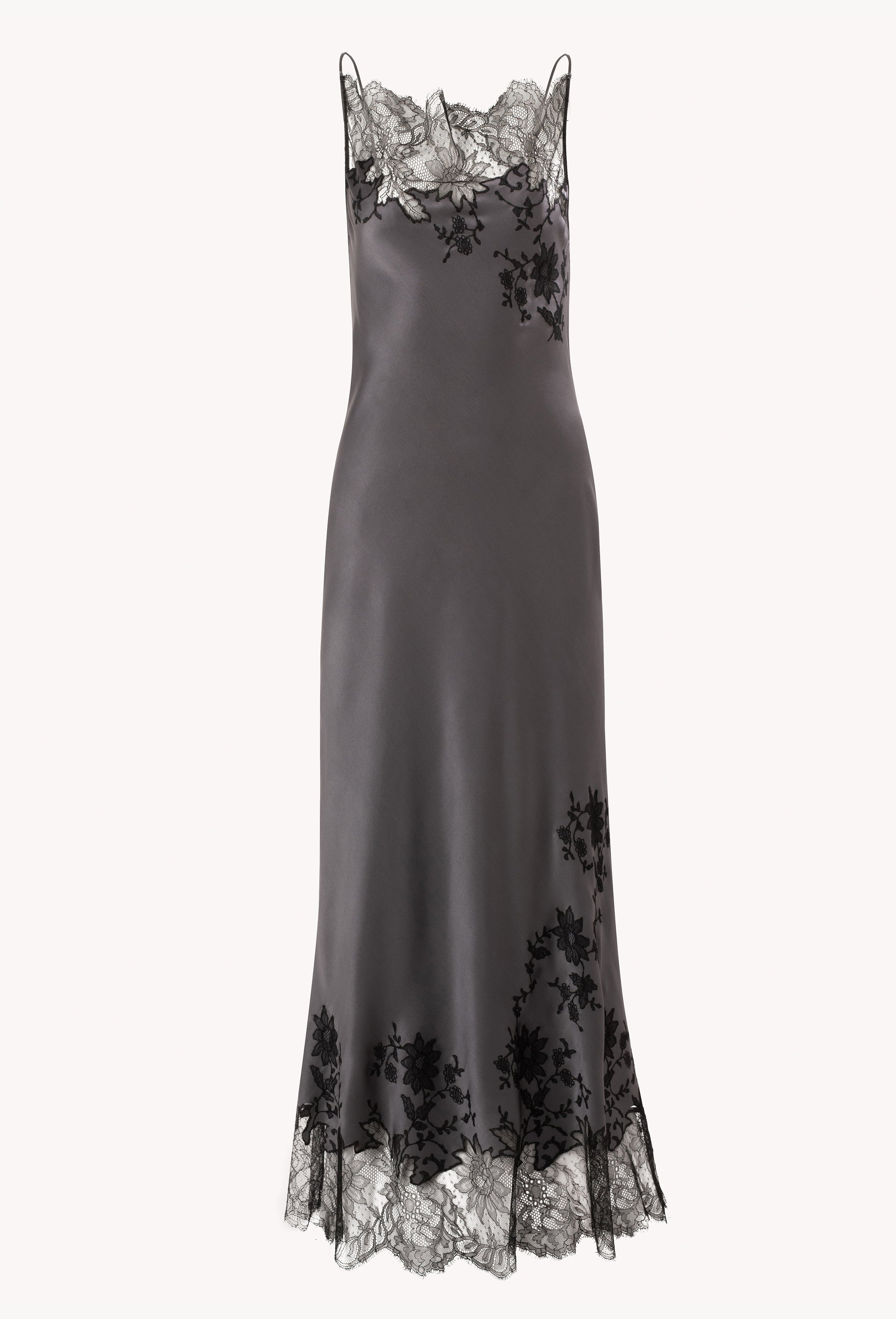 Enjoy the Winter 2026-27 collection of lingerie couture from the house Carine Gilson with this Long Dress Cowl Neckline with lace in StormGrey Silk with Black lace