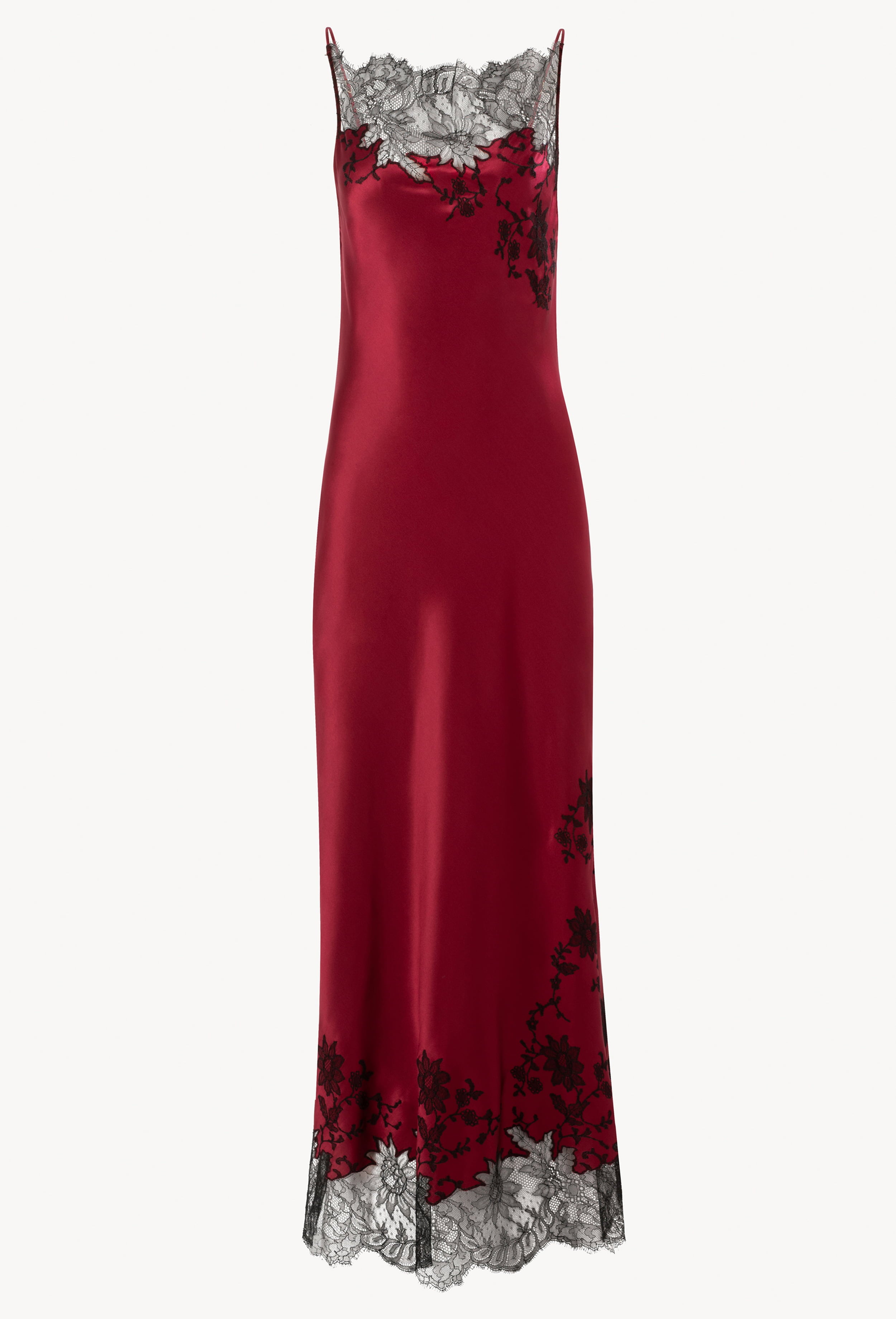 The Winter 2026-27 collection from the house Carine Gilson - The most beautiful couture lingerie to be discovered with this Long Dress Cowl Neckline with lace in Rubis red Silk with Black lace
