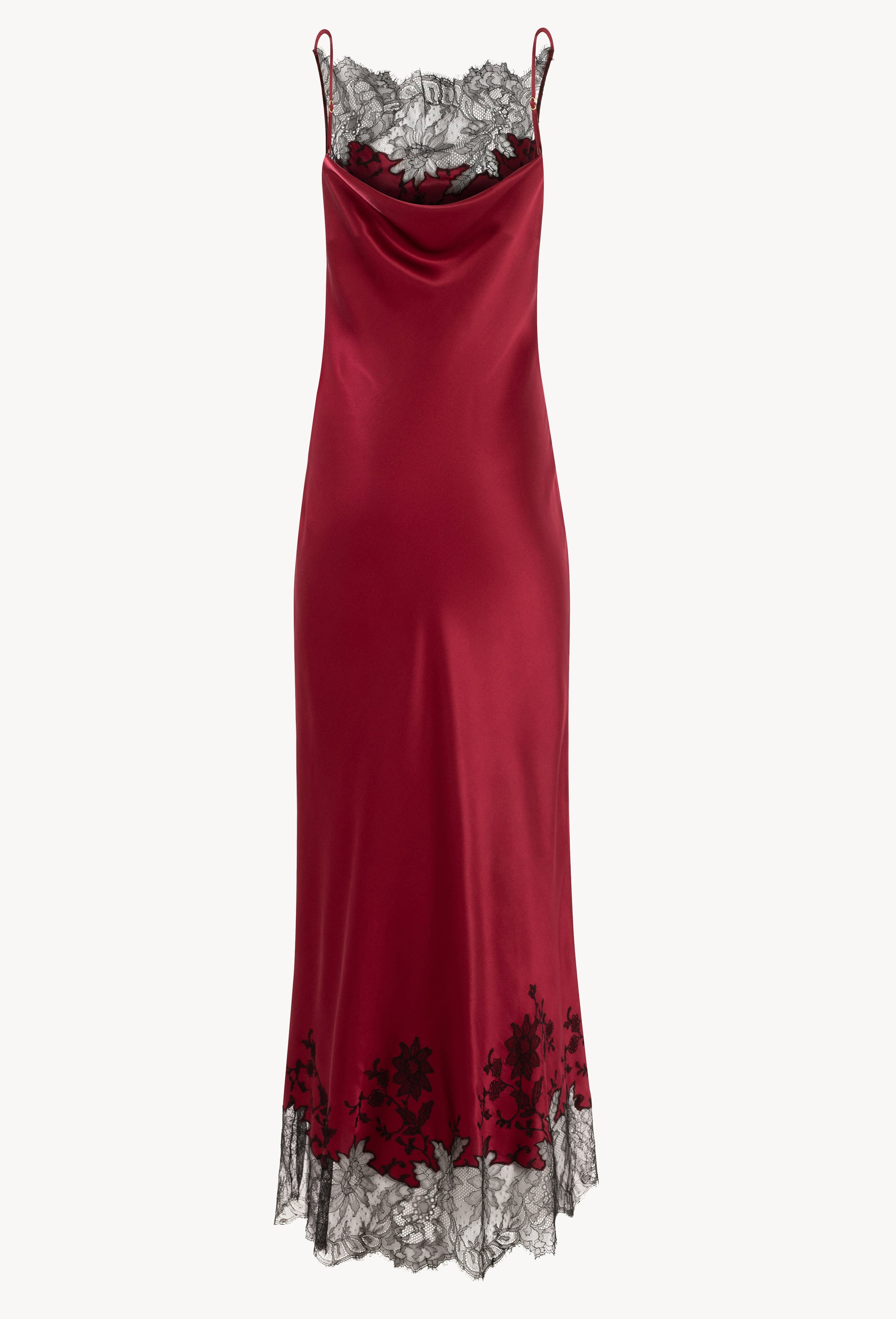 The Winter 2026-27 collection from the house Carine Gilson - The most beautiful couture lingerie to be discovered with this Long Dress Cowl Neckline with lace in Rubis red Silk with Black lace