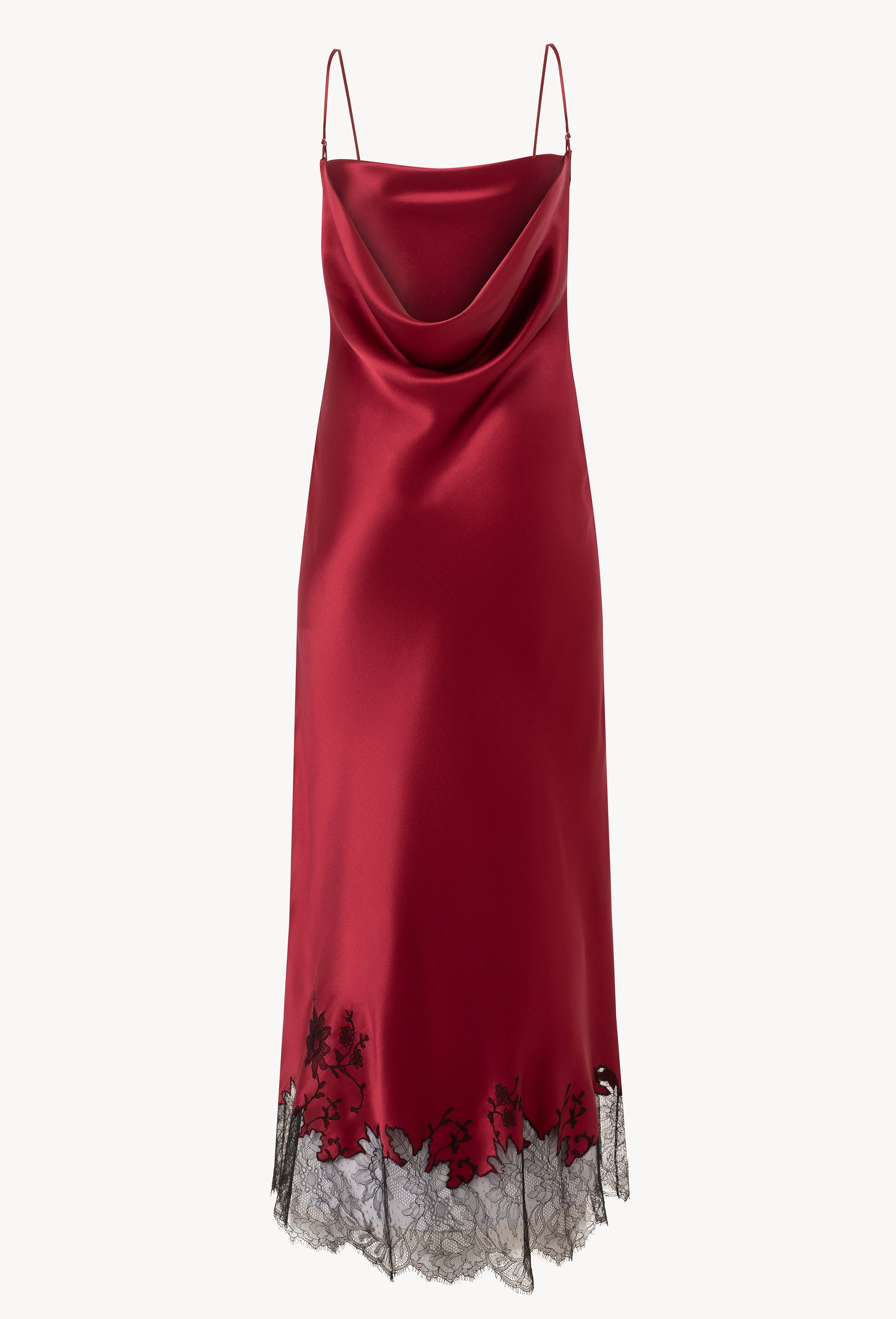 Made of silk and lace, explore the lingerie collection Winter 2026-27 from the house Carine Gilson with this Long Dress With Deep Back Cowl Neckline in Rubis red Silk with Black lace