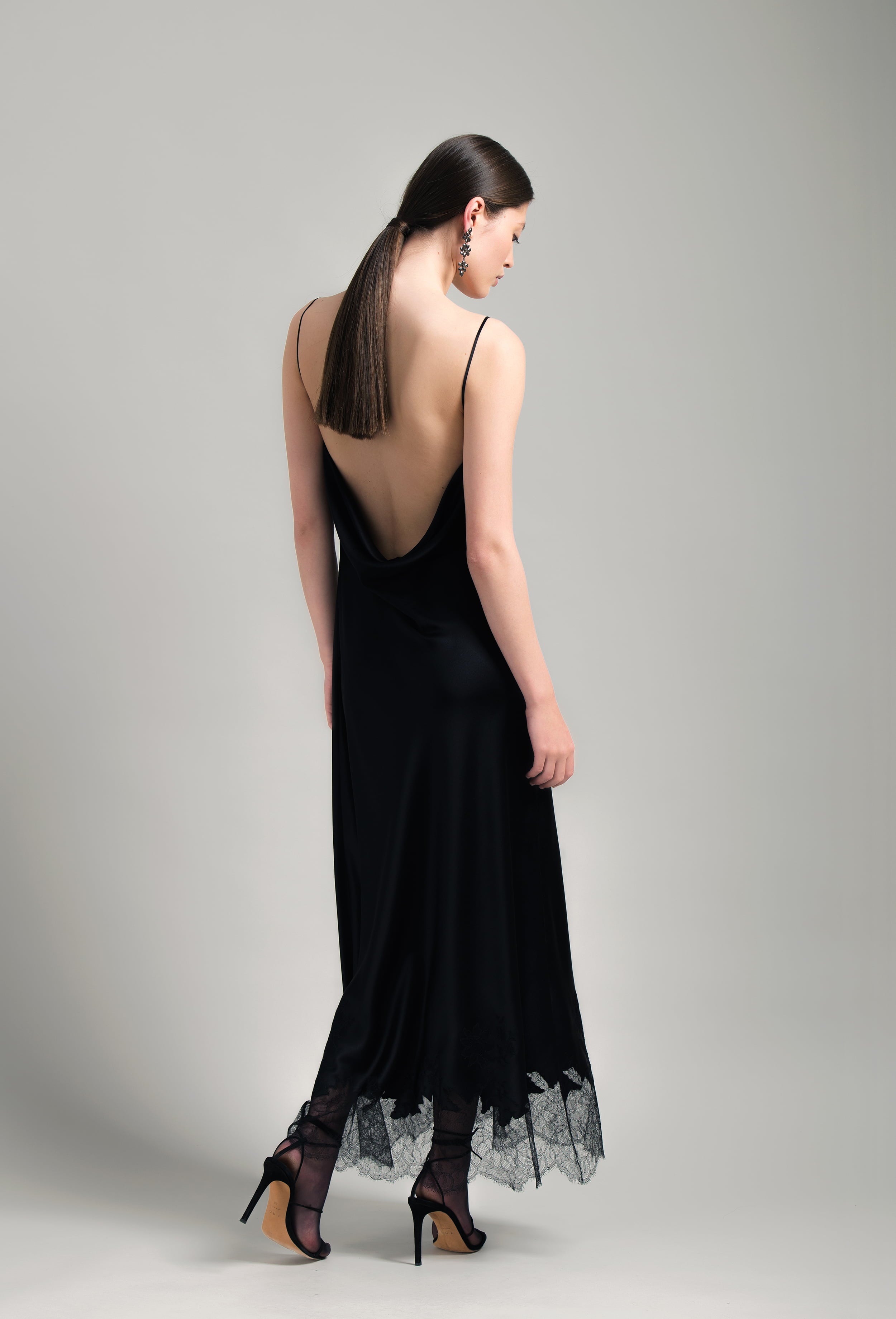 Be seduced by Carine Gilson most beautiful silk lingerie collection with this Long Dress With Deep Back Cowl Neckline in Black Silk with Black lace