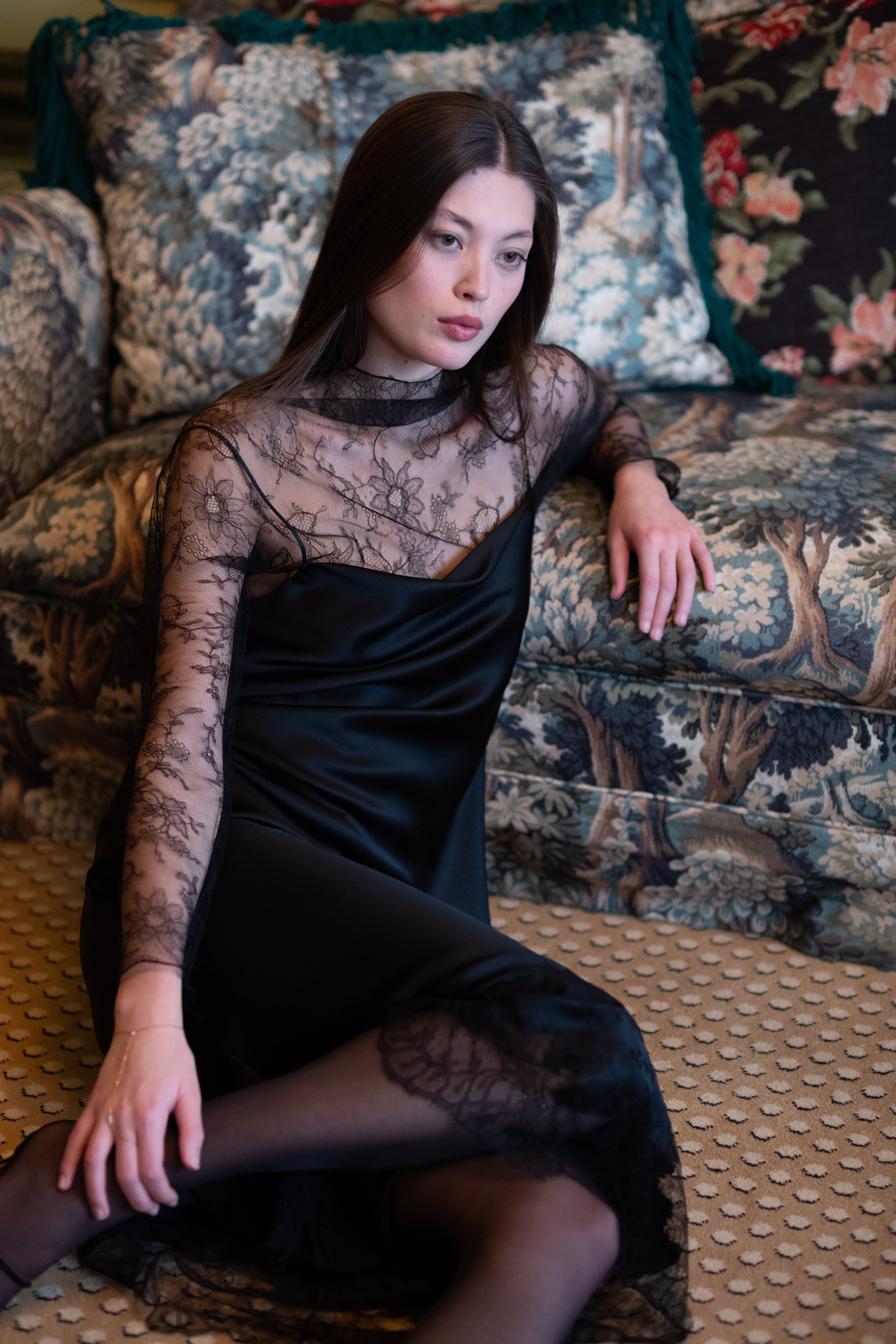Be seduced by Carine Gilson most beautiful silk lingerie collection with this Long Dress With Deep Back Cowl Neckline in Black Silk with Black lace